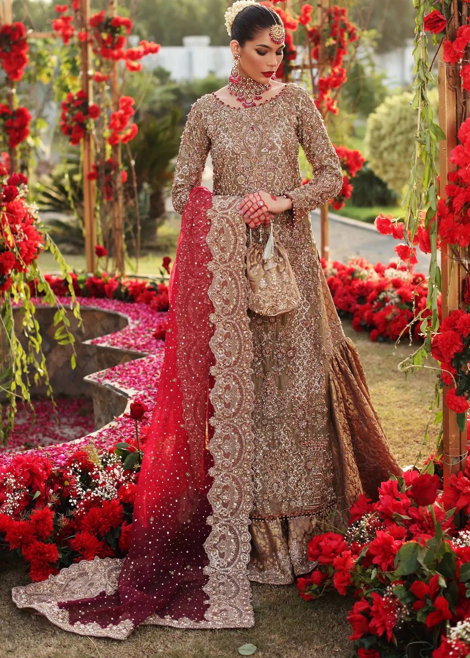 Hazel Gold Zardozi Tissue Bridal Gharara (3-Piece) - Image 1