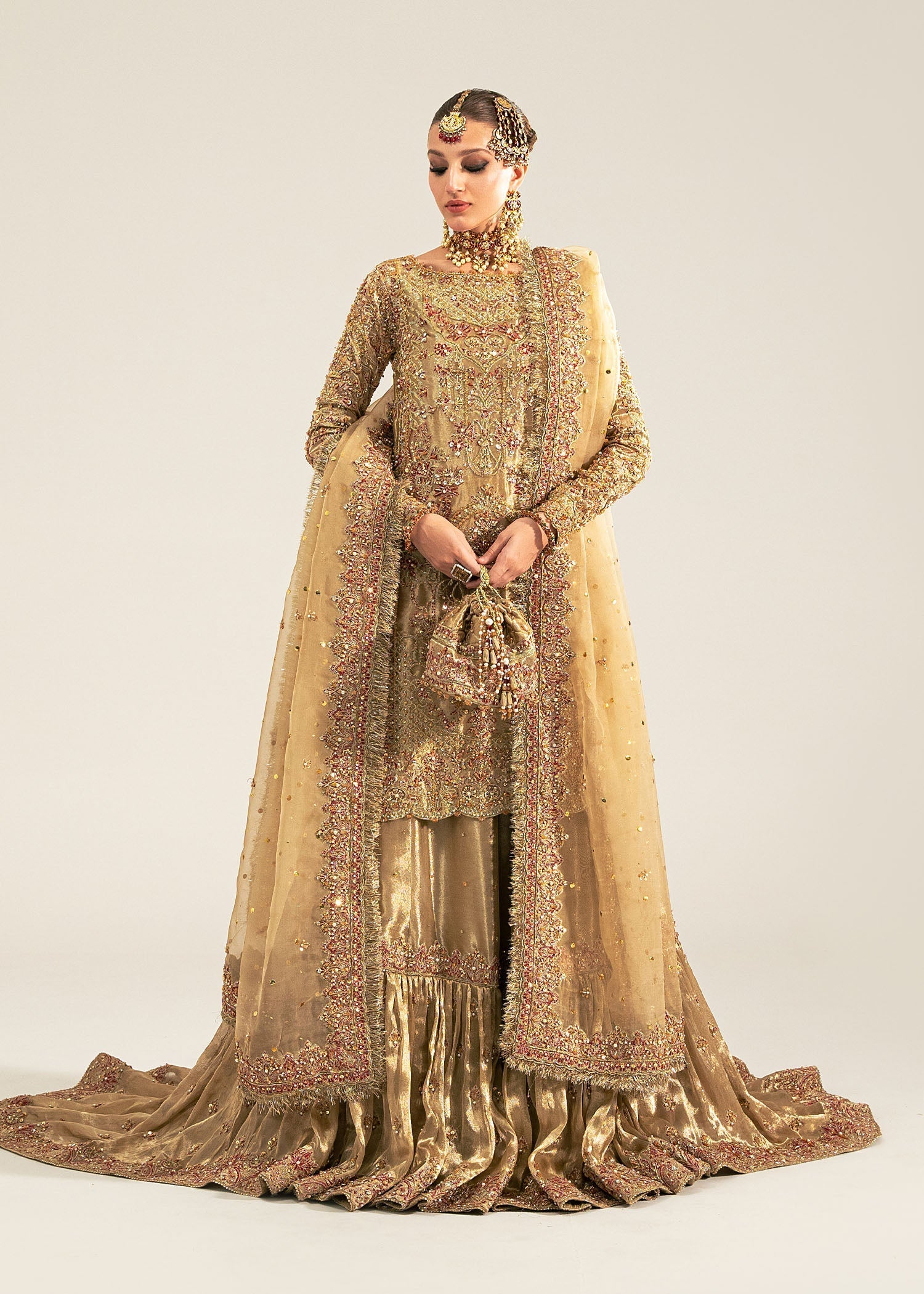 Indian Gold Zardozi Tissue Gharara Set (3-Piece) - Image 1