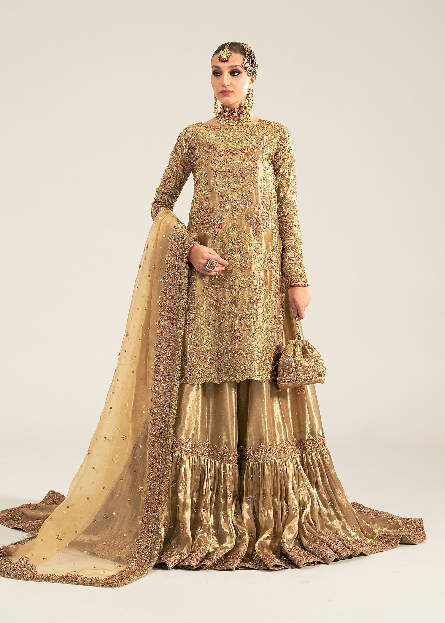Indian Gold Zardozi Tissue Gharara Set (3-Piece) - Image 2
