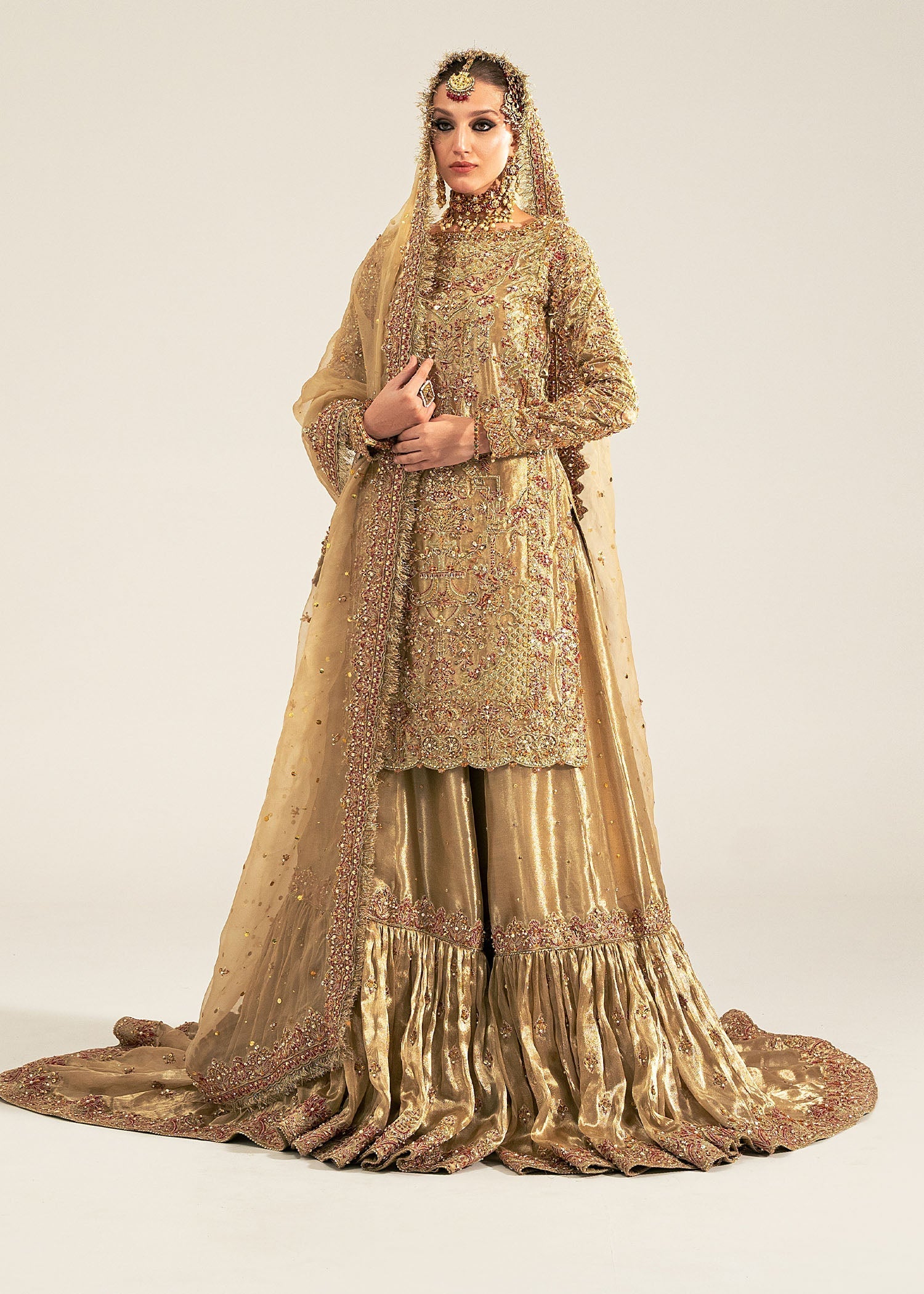 Indian Gold Zardozi Tissue Gharara Set (3-Piece) - Image 3