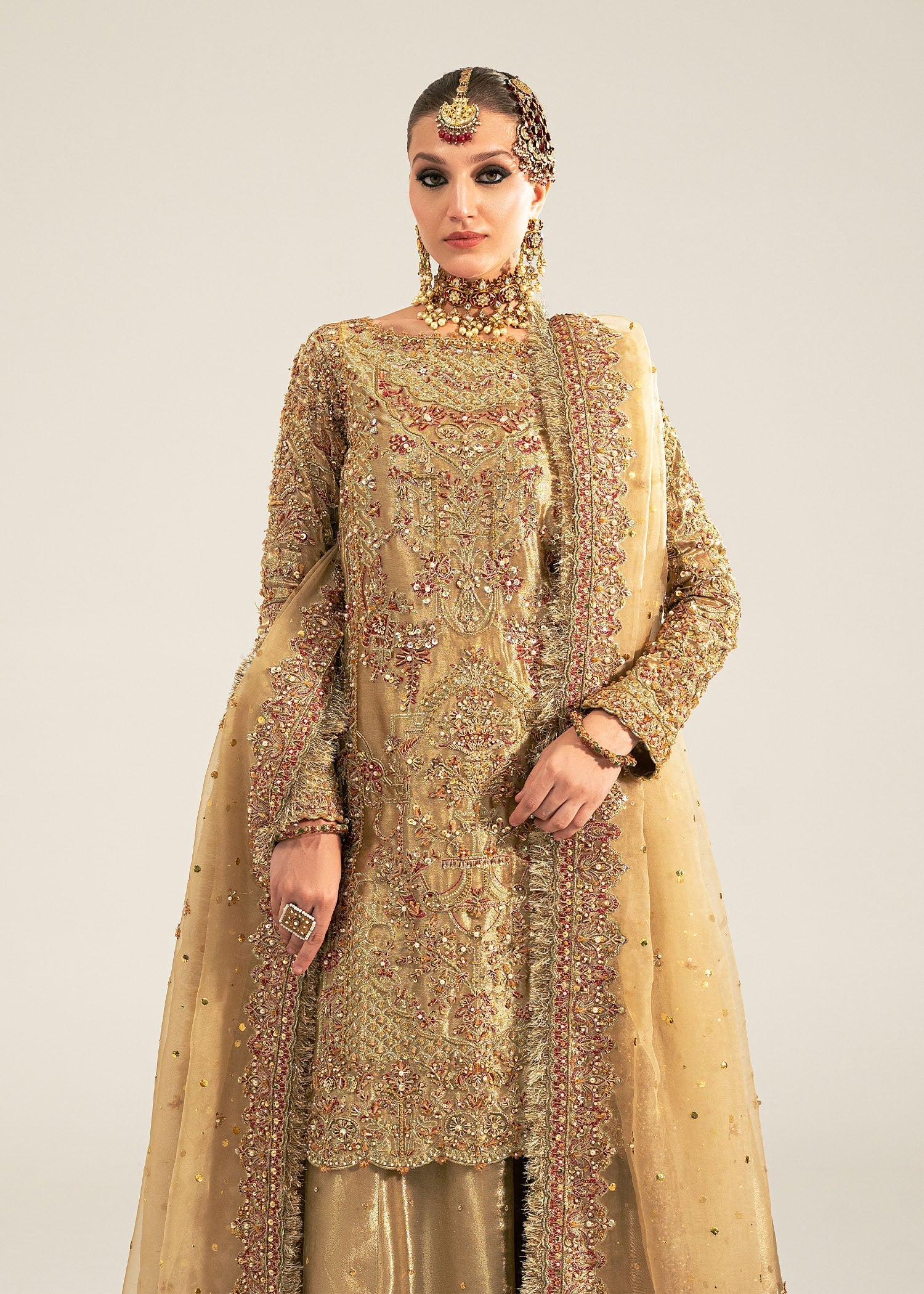 Indian Gold Zardozi Tissue Gharara Set (3-Piece) - Image 5
