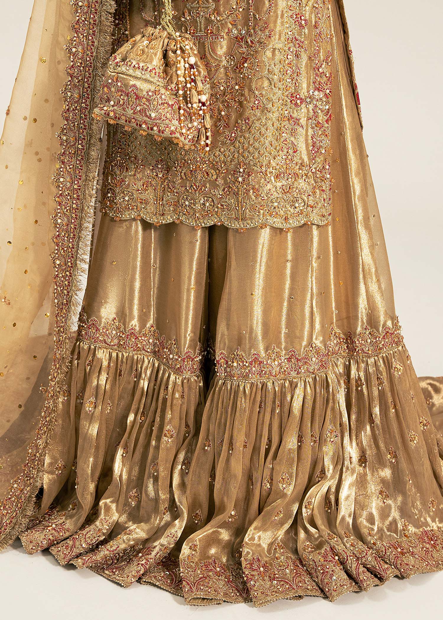 Indian Gold Zardozi Tissue Gharara Set (3-Piece) - Image 6