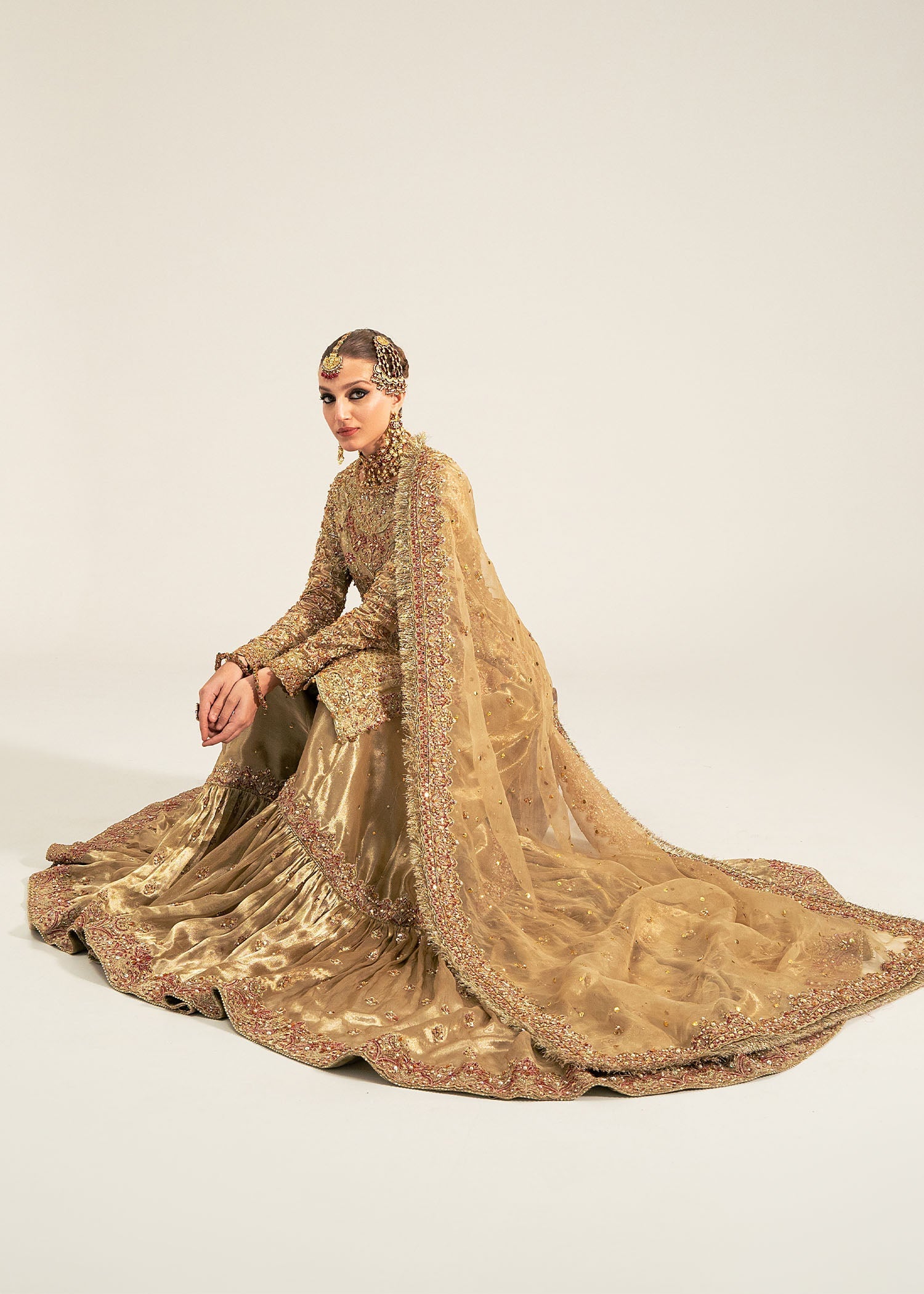 Indian Gold Zardozi Tissue Gharara Set (3-Piece) - Image 8