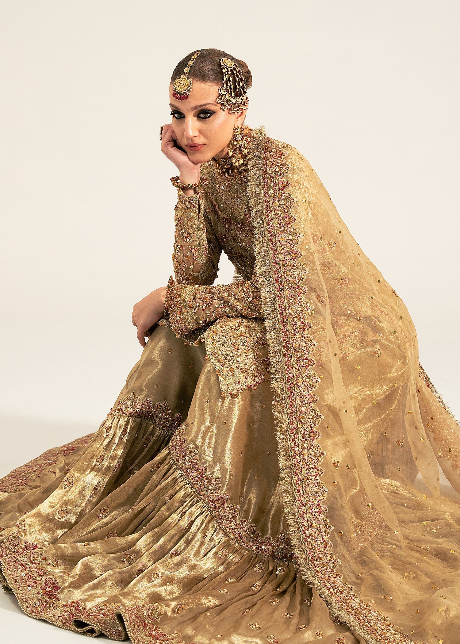 Indian Gold Zardozi Tissue Gharara Set (3-Piece) - Image 9