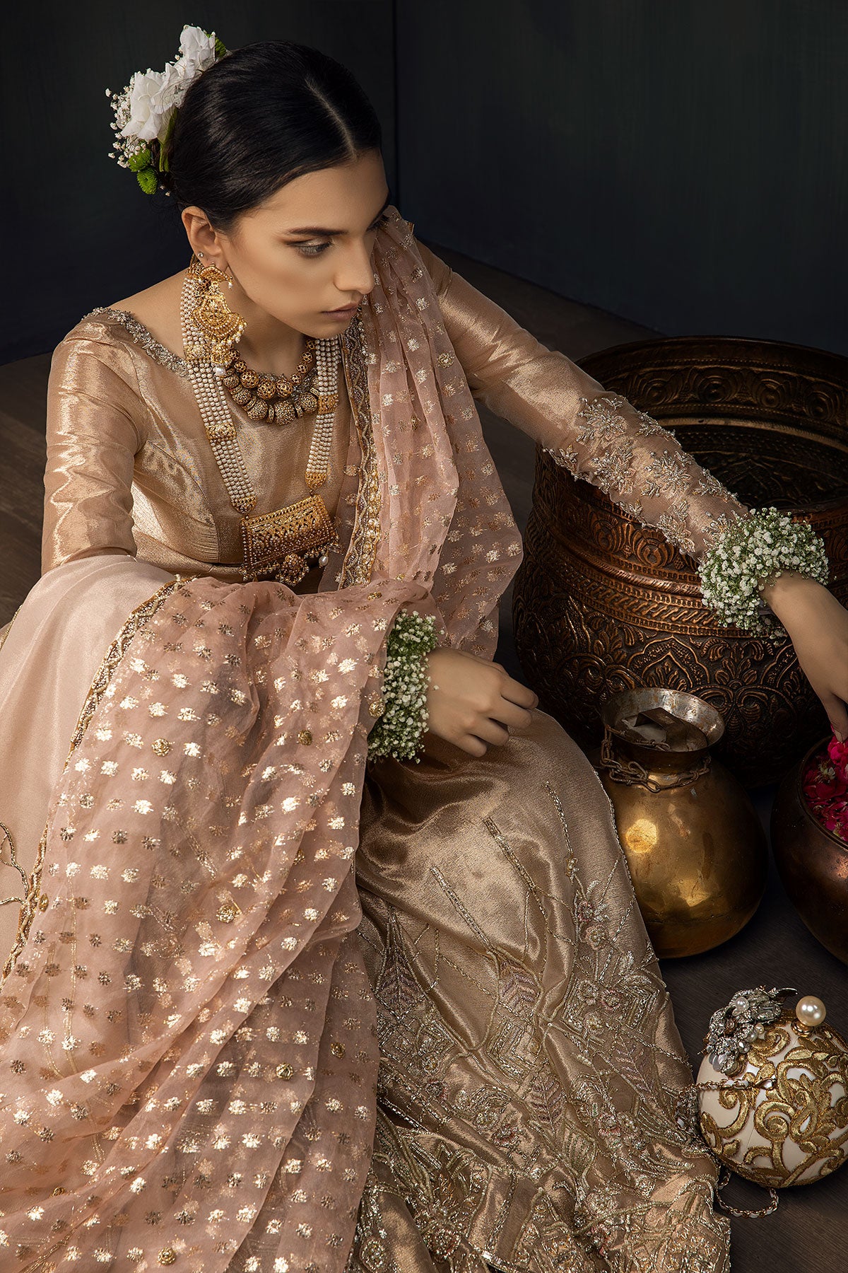 Metallic Gold Zardozi Tissue Bridal Gharara (3-Piece) - Image 3