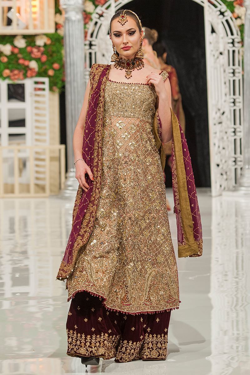 Gold Embroidered Net Long Shirt with Plum Velvet Gharara (3-Piece) - Image 1