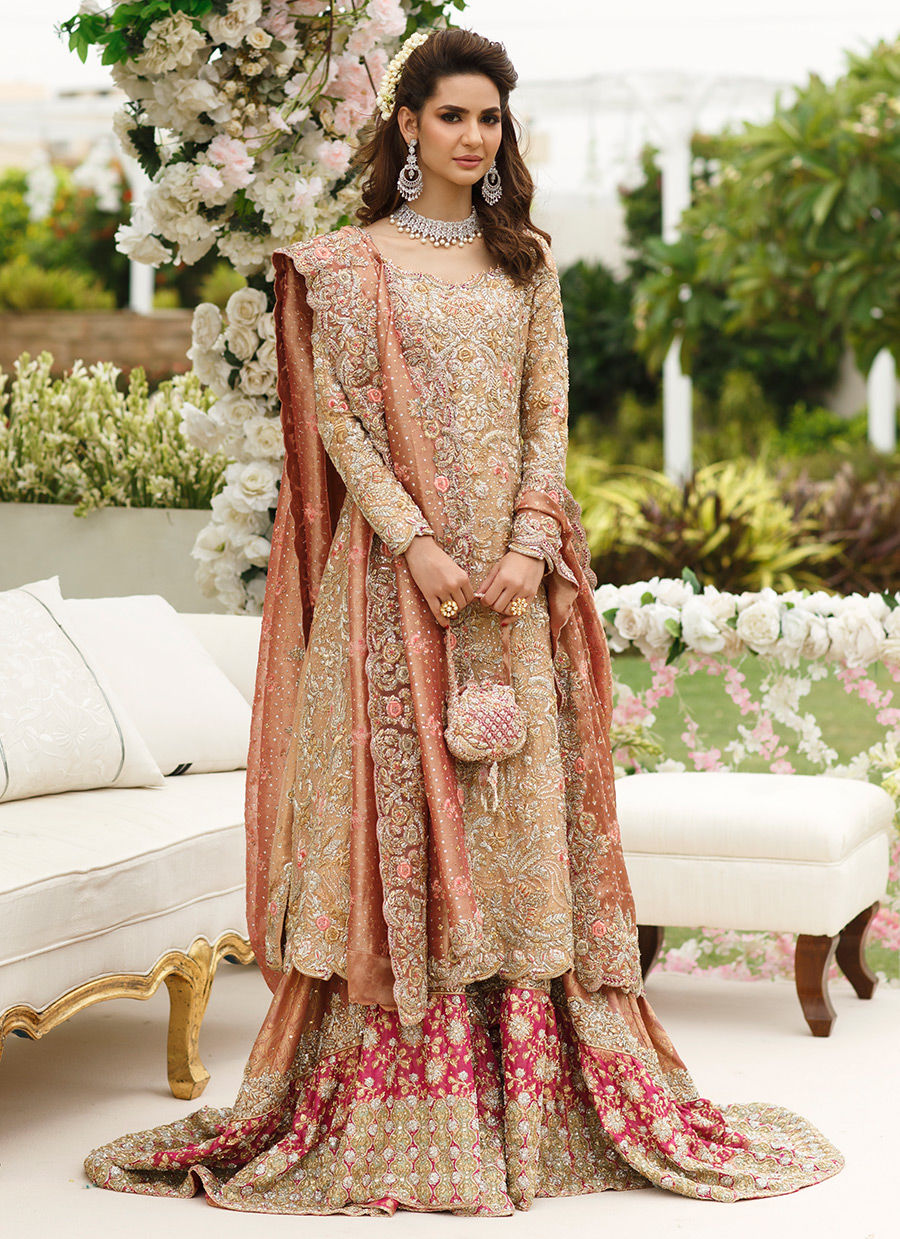 Rose Gold Zari Net Bridal Farshi Gharara (3-Piece) - Image 1