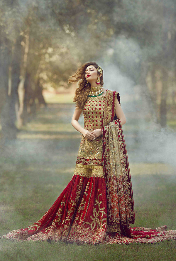 Pakistani Gold Zari Net Bridal Gharara Set (3-Piece) - Image 2