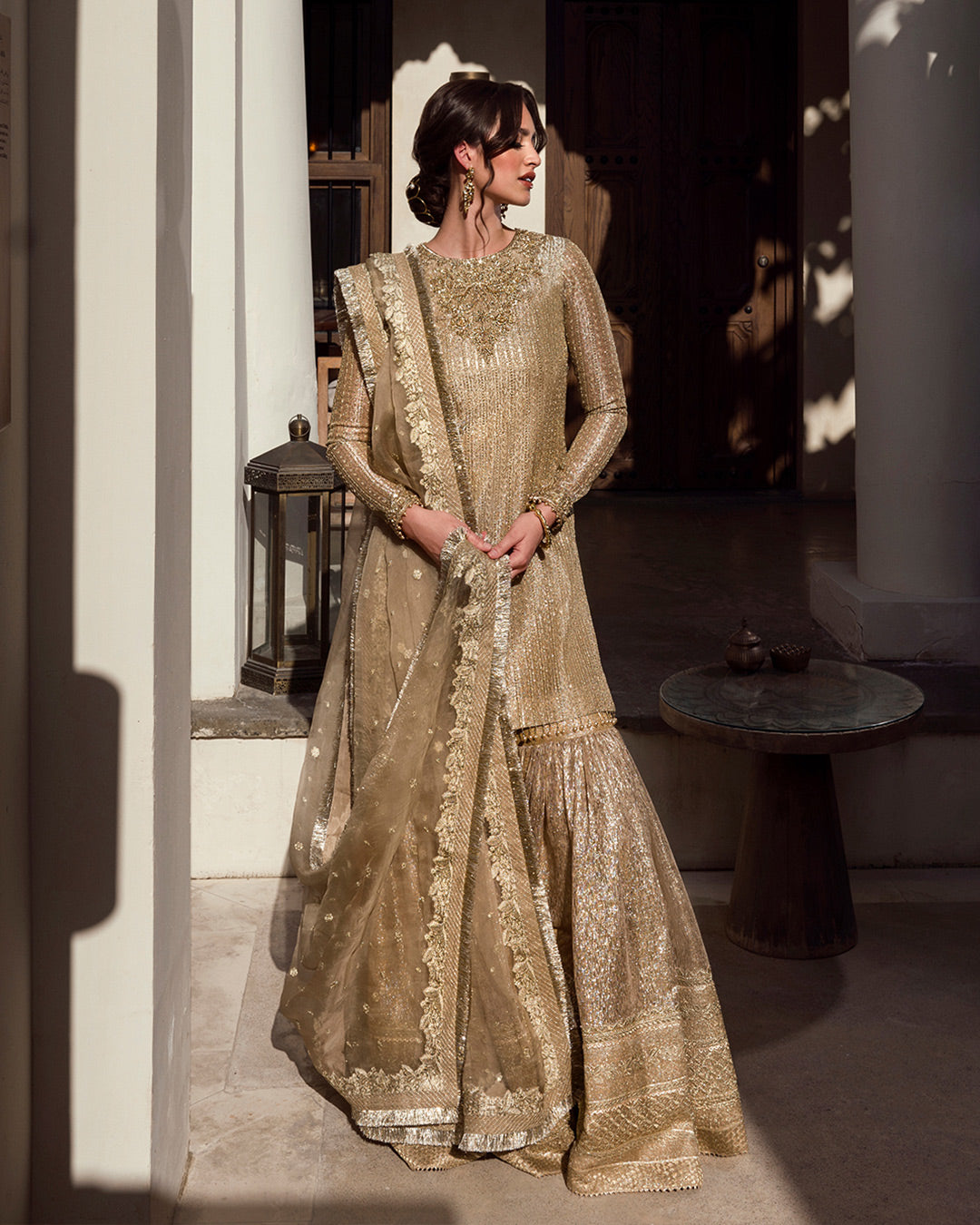 Pakistani Gold Embroidered Zari Net Gharara (3-Piece) - Image 4
