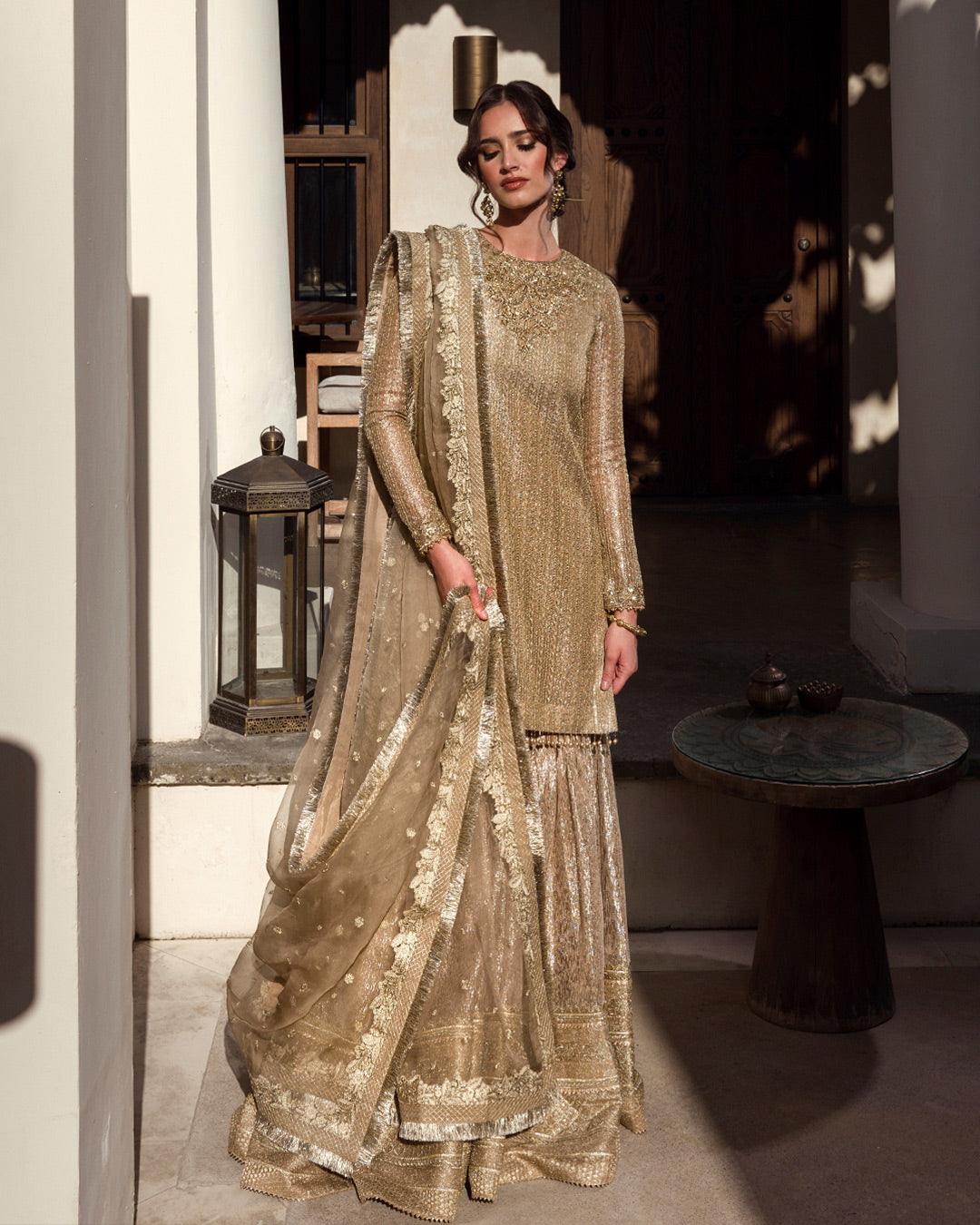 Pakistani Gold Zari Net Bridal Gharara Set (3-Piece) - Image 1