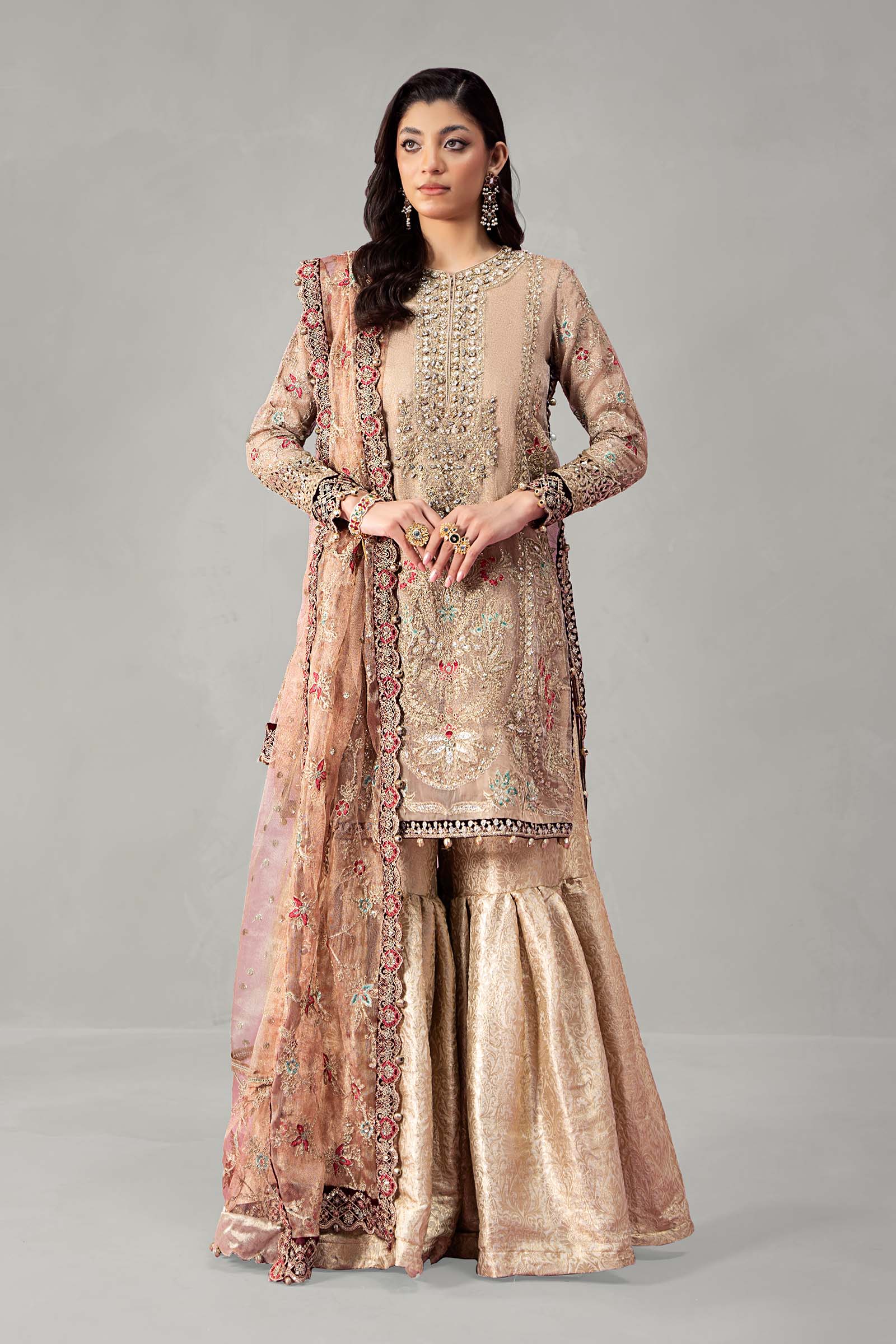 Pakistani Golden Zari Net Embroidered Gharara Set (3-Piece) - Image 1