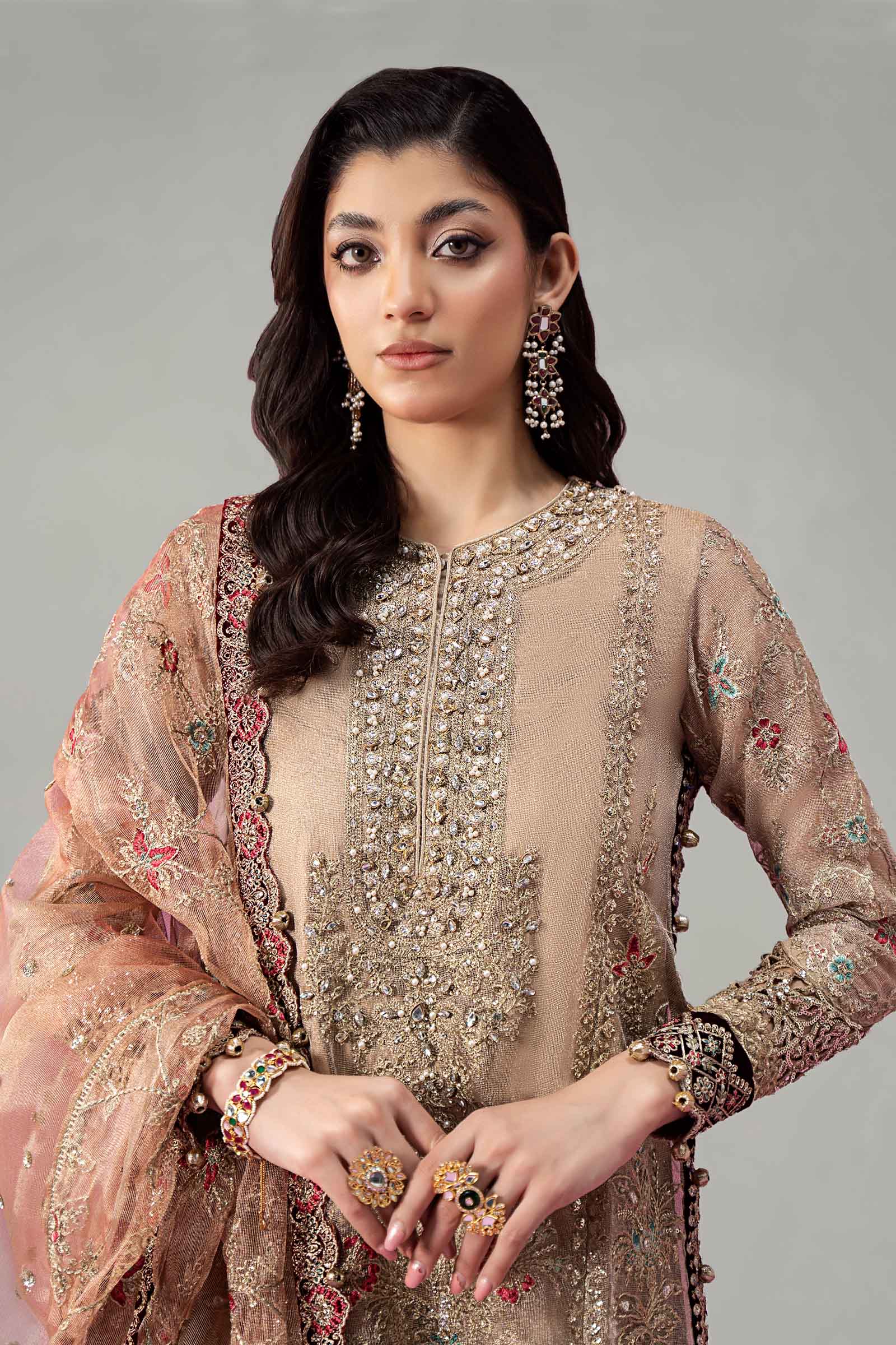 Pakistani Golden Zari Net Embroidered Gharara Set (3-Piece) - Image 3