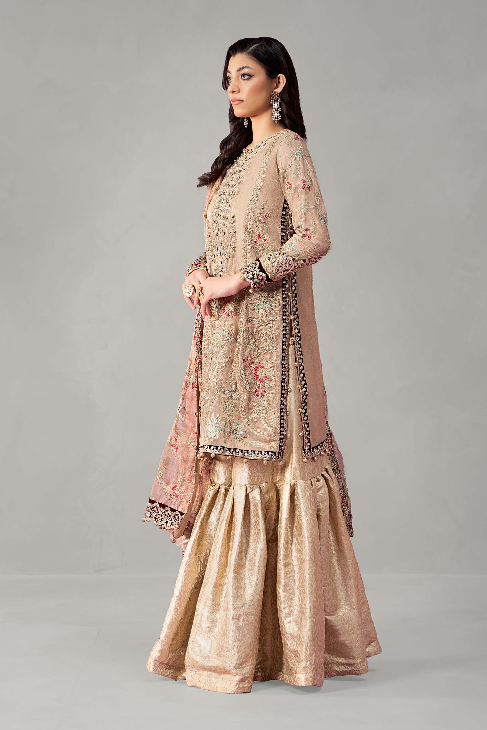 Pakistani Golden Zari Net Embroidered Gharara Set (3-Piece) - Image 5
