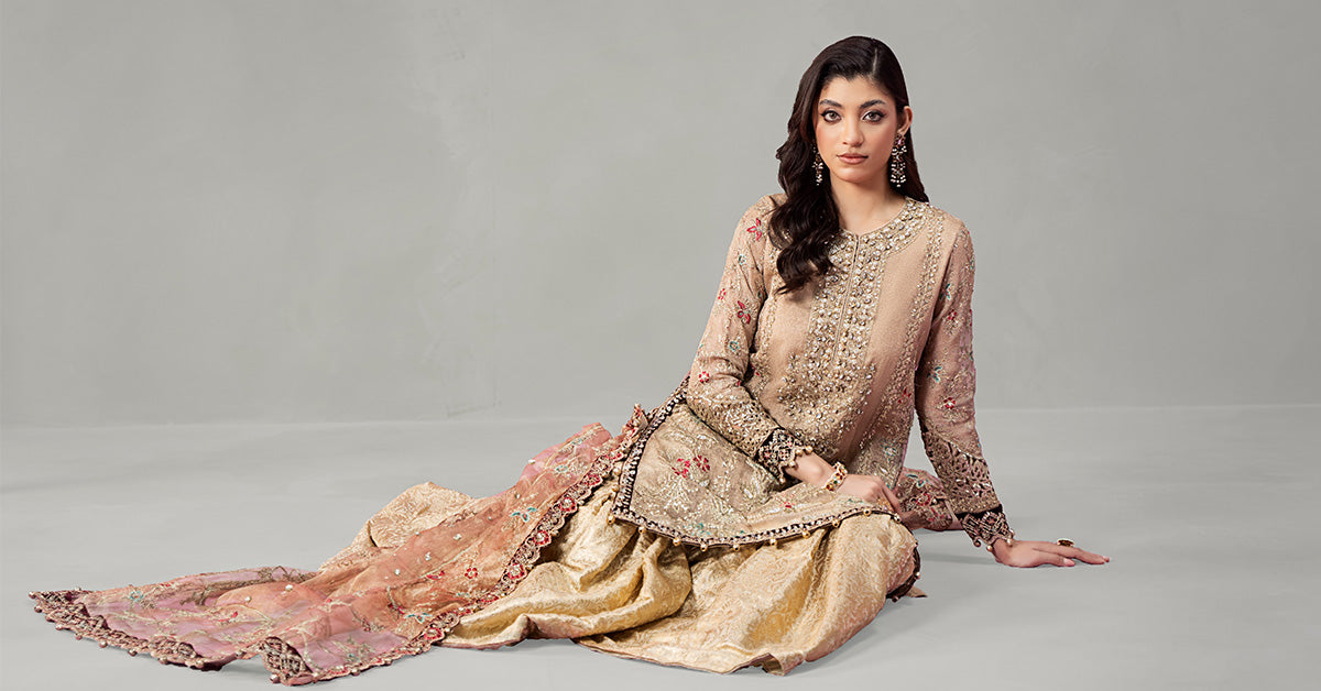 Pakistani Golden Zari Net Embroidered Gharara Set (3-Piece) - Image 7