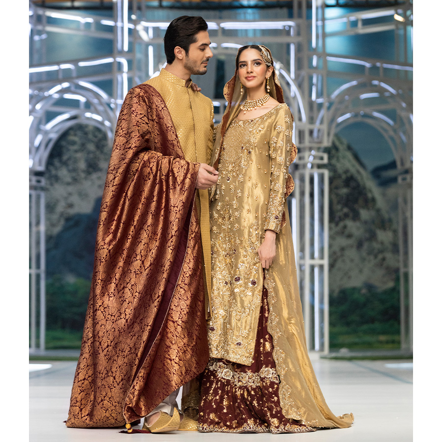 Olive Gold Embellished Zari Tissue Bridal Gharara (4-Piece) - Image 1