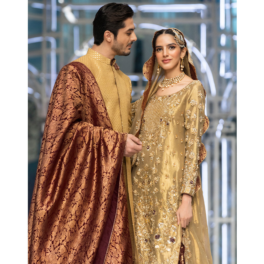 Olive Gold Embellished Zari Tissue Bridal Gharara (4-Piece) - Image 3