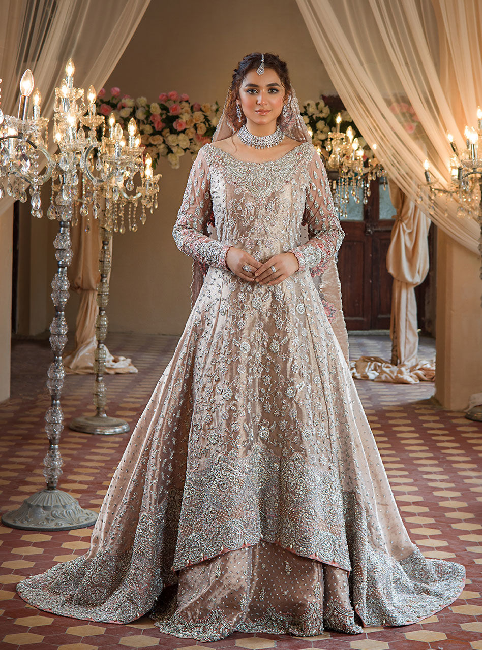 Pakistani Rose Gold Embellished Brocade Bridal Gown (3-Piece) - Image 1