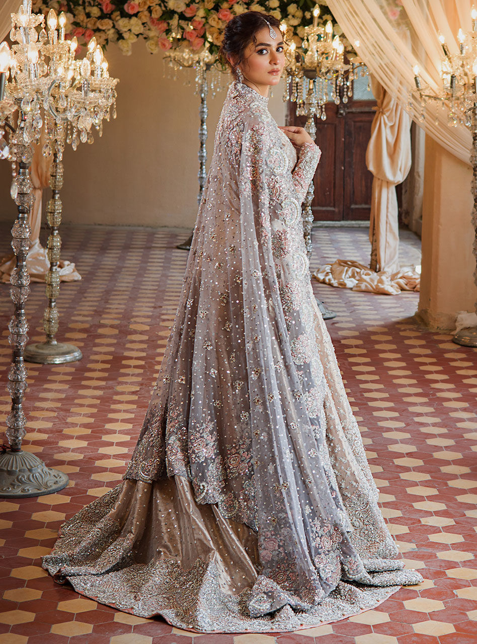 Pakistani Rose Gold Embellished Brocade Bridal Gown (3-Piece) - Image 10