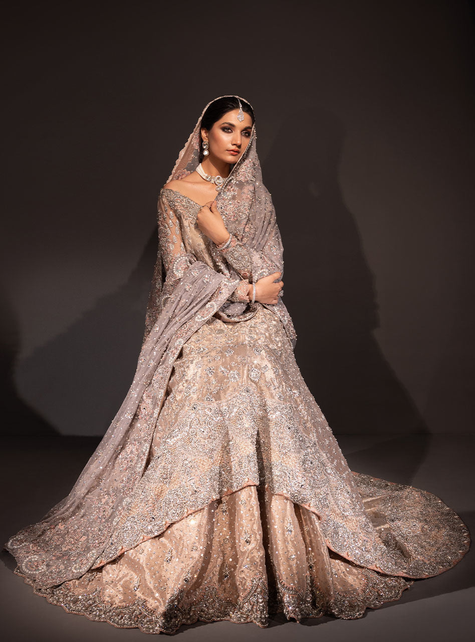 Pakistani Rose Gold Embellished Brocade Bridal Gown (3-Piece) - Image 11