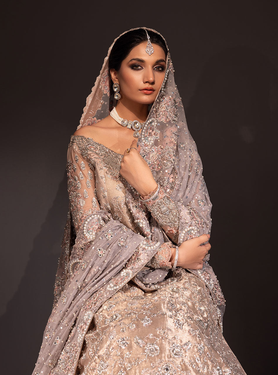 Pakistani Rose Gold Embellished Brocade Bridal Gown (3-Piece) - Image 12