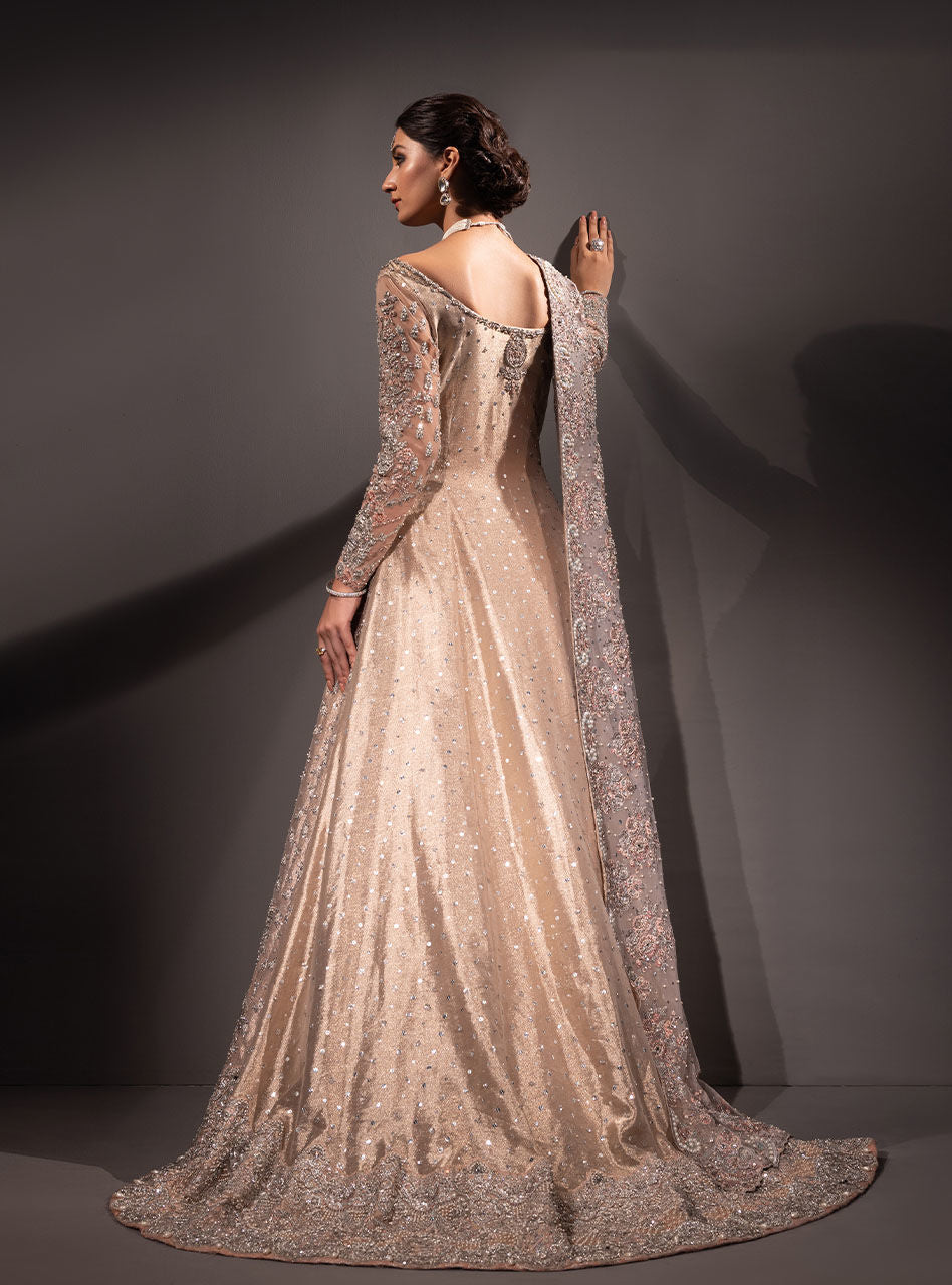 Pakistani Rose Gold Embellished Brocade Bridal Gown (3-Piece) - Image 15