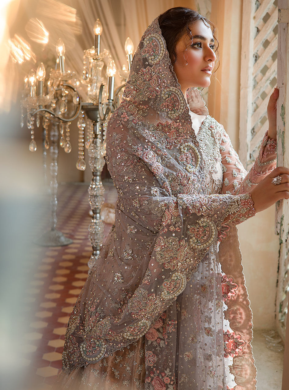 Pakistani Rose Gold Embellished Brocade Bridal Gown (3-Piece) - Image 16