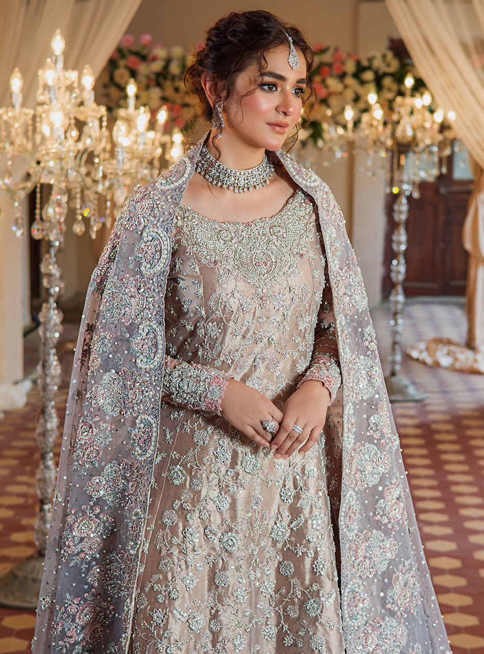 Pakistani Rose Gold Embellished Brocade Bridal Gown (3-Piece) - Image 3