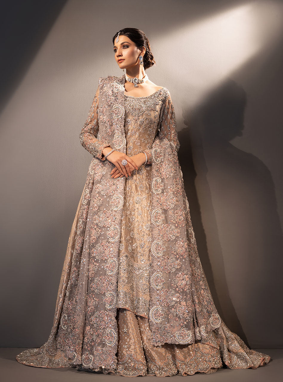 Pakistani Rose Gold Embellished Brocade Bridal Gown (3-Piece) - Image 6