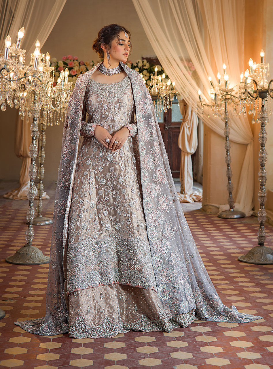 Pakistani Rose Gold Embellished Brocade Bridal Gown (3-Piece) - Image 7