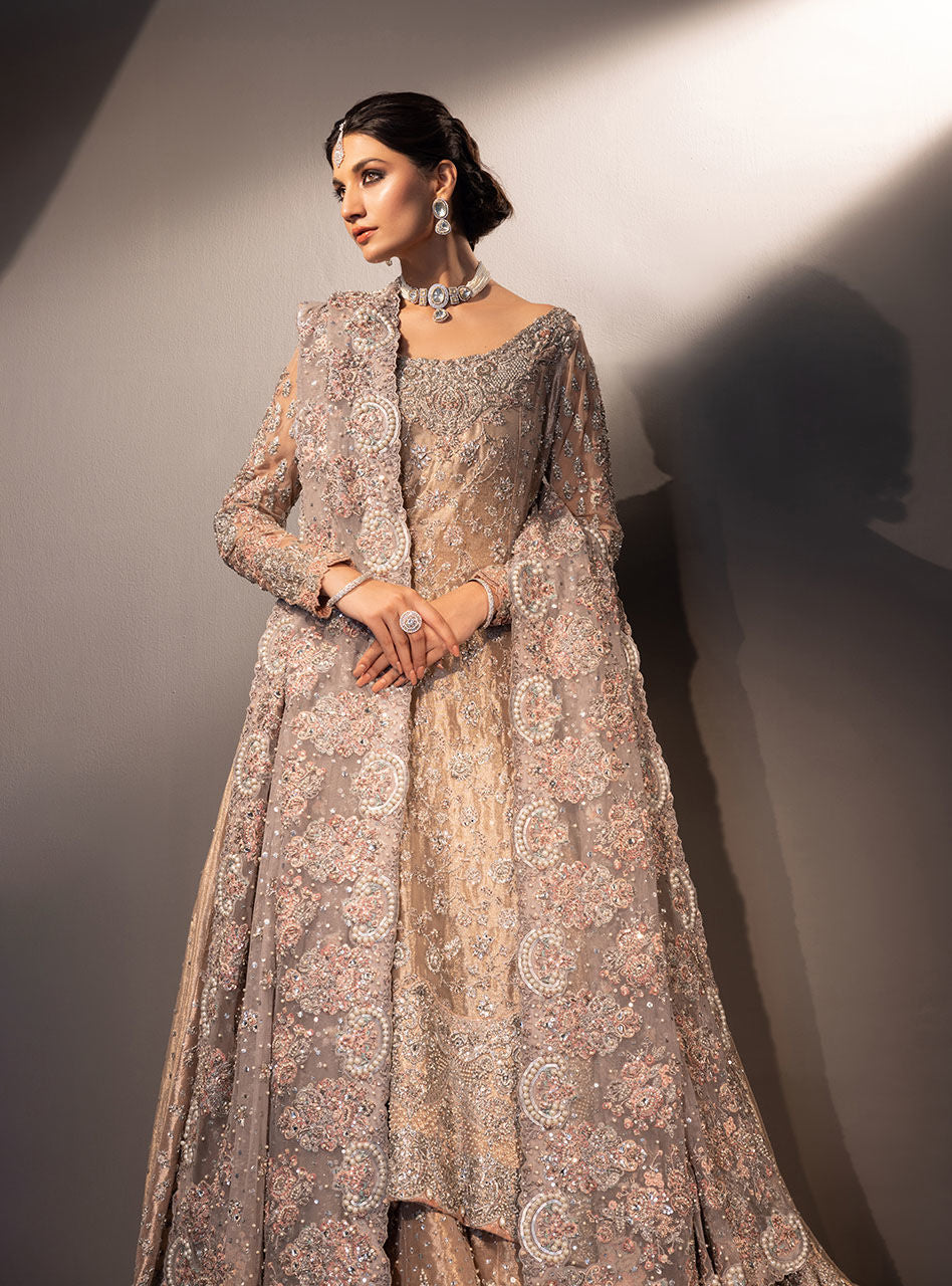 Pakistani Rose Gold Embellished Brocade Bridal Gown (3-Piece) - Image 8