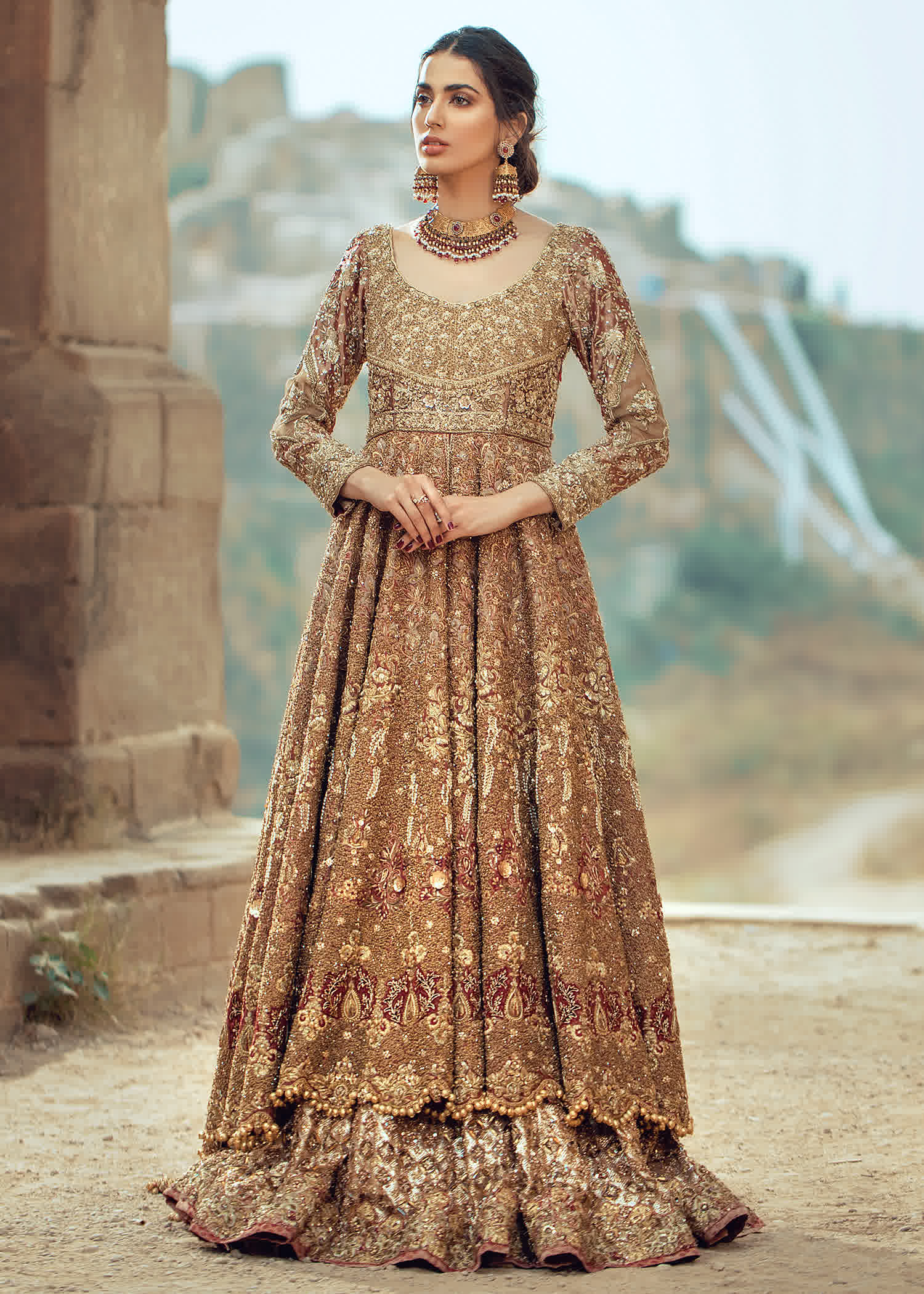 Pakistani Antique Gold Embellished Bridal Gown (1-Pc) - Image 1