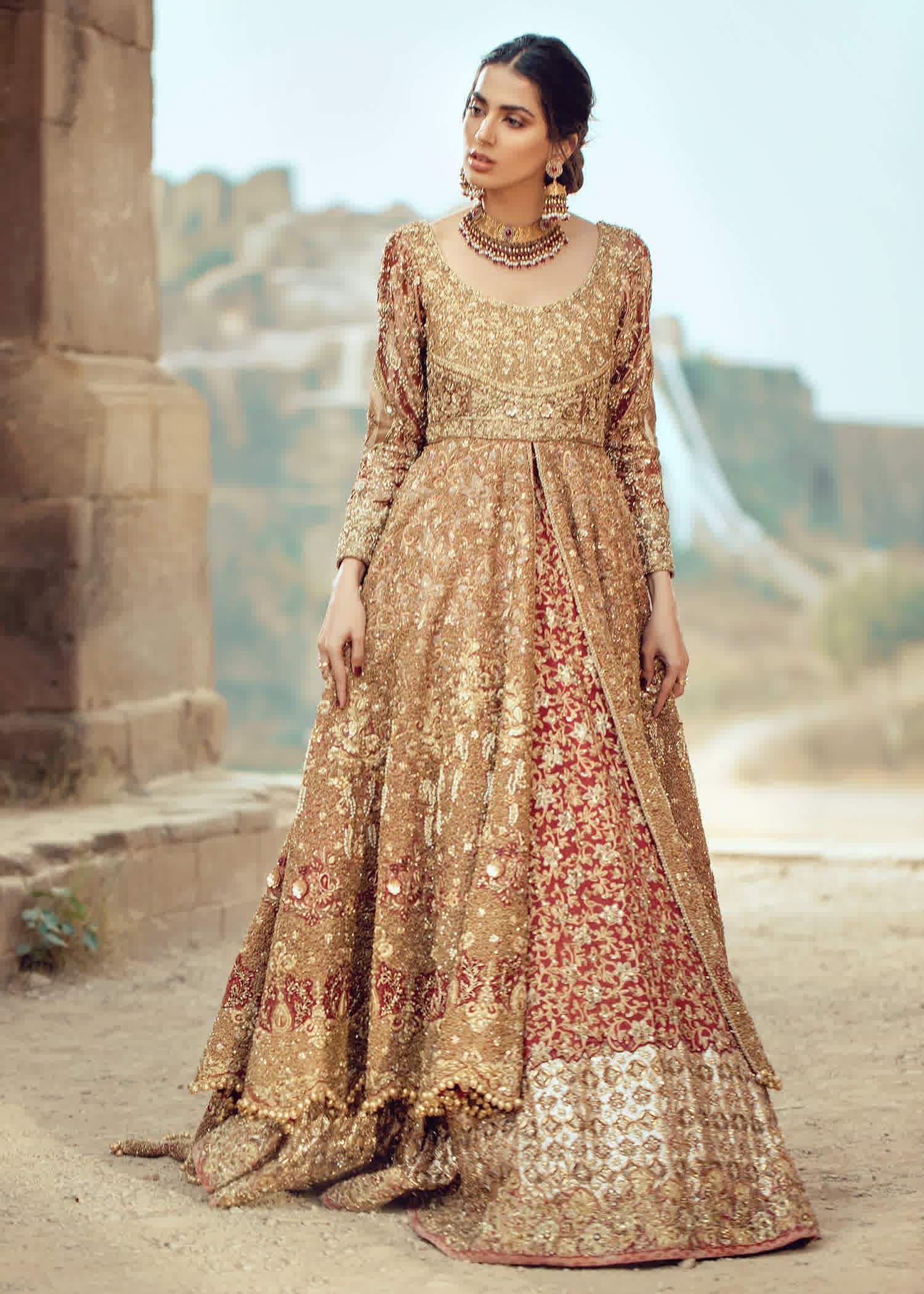 Pakistani Antique Gold Embellished Bridal Gown (1-Pc) - Image 2