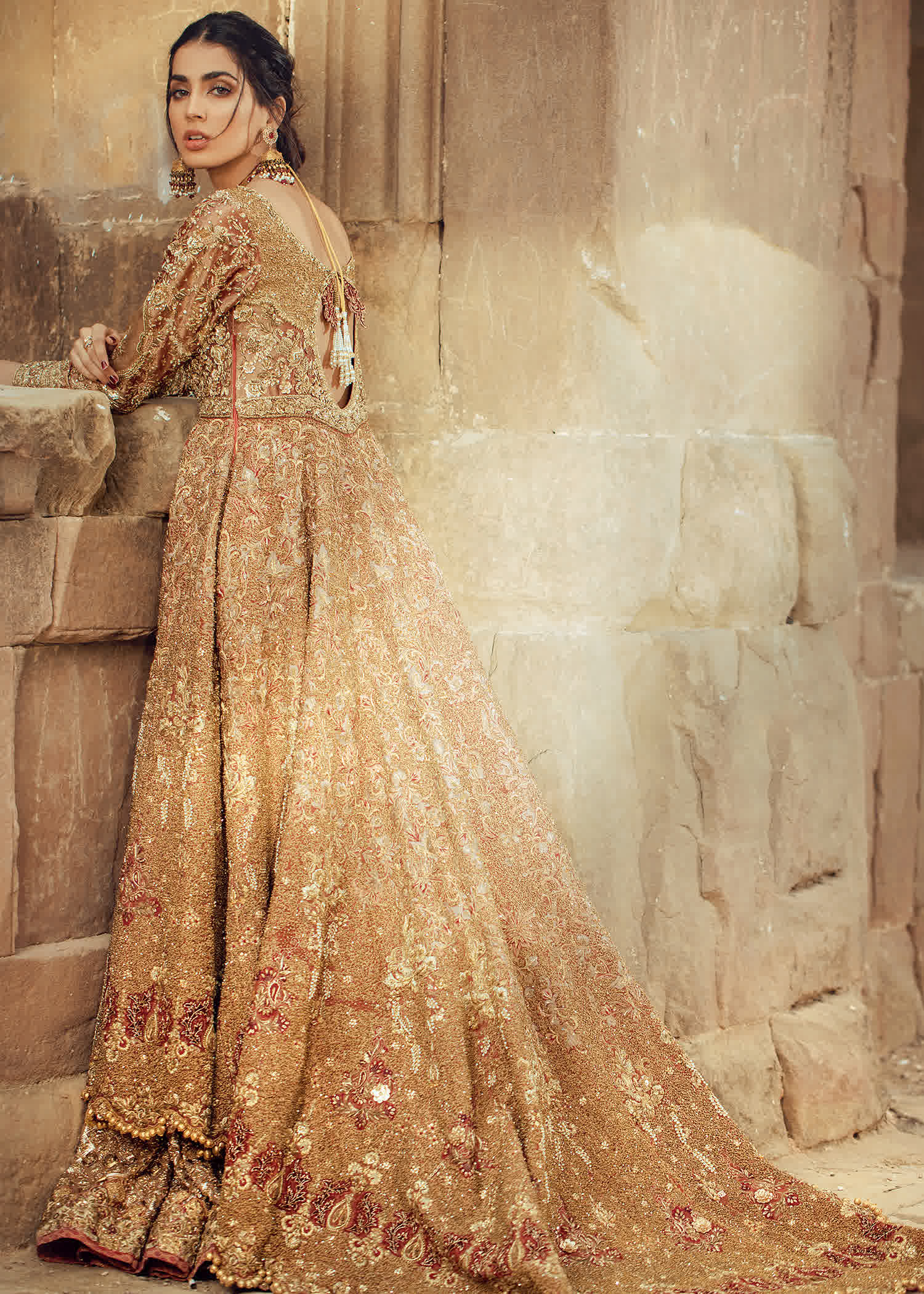 Pakistani Antique Gold Embellished Bridal Gown (1-Pc) - Image 3