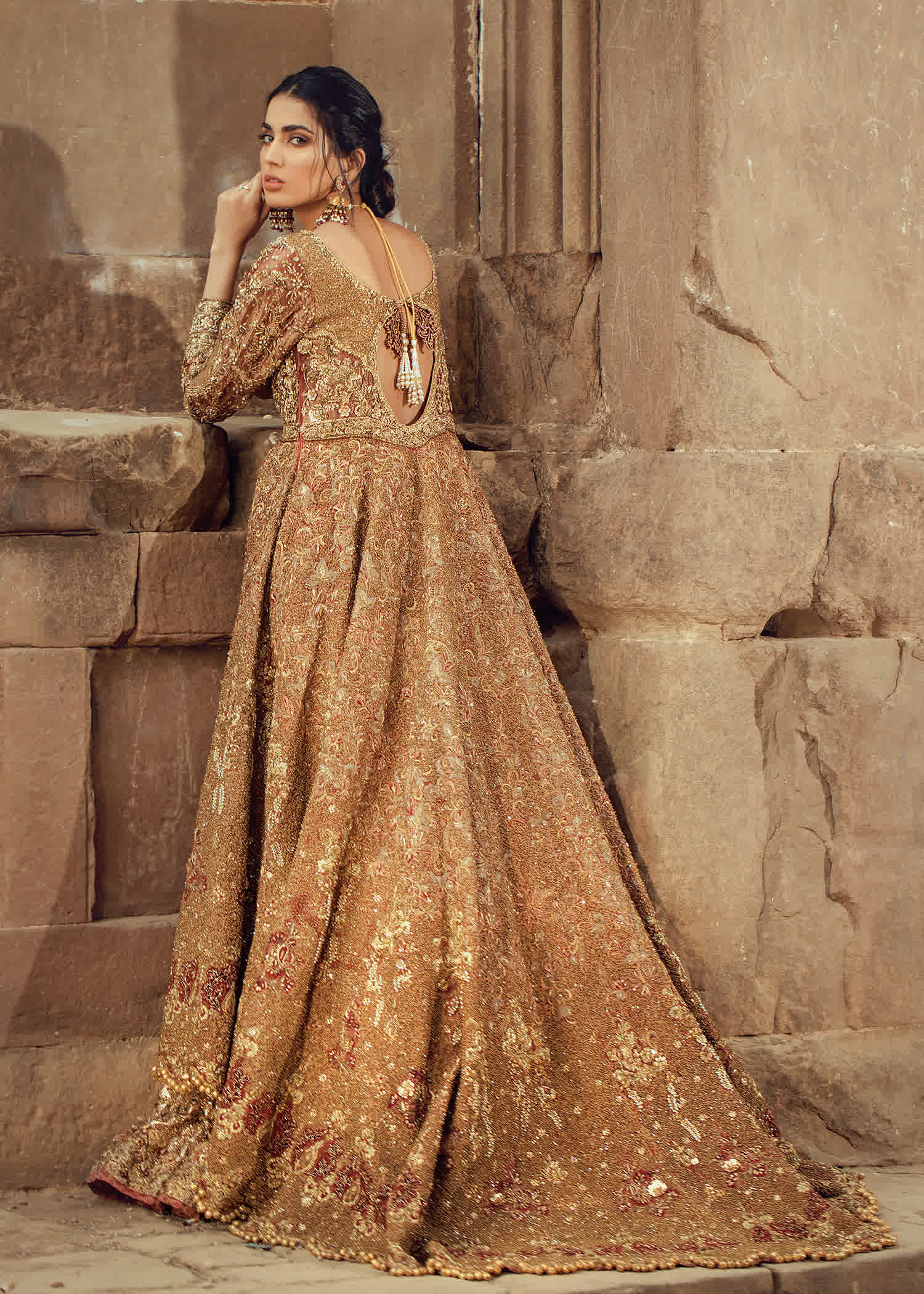 Pakistani Antique Gold Embellished Bridal Gown (1-Pc) - Image 4