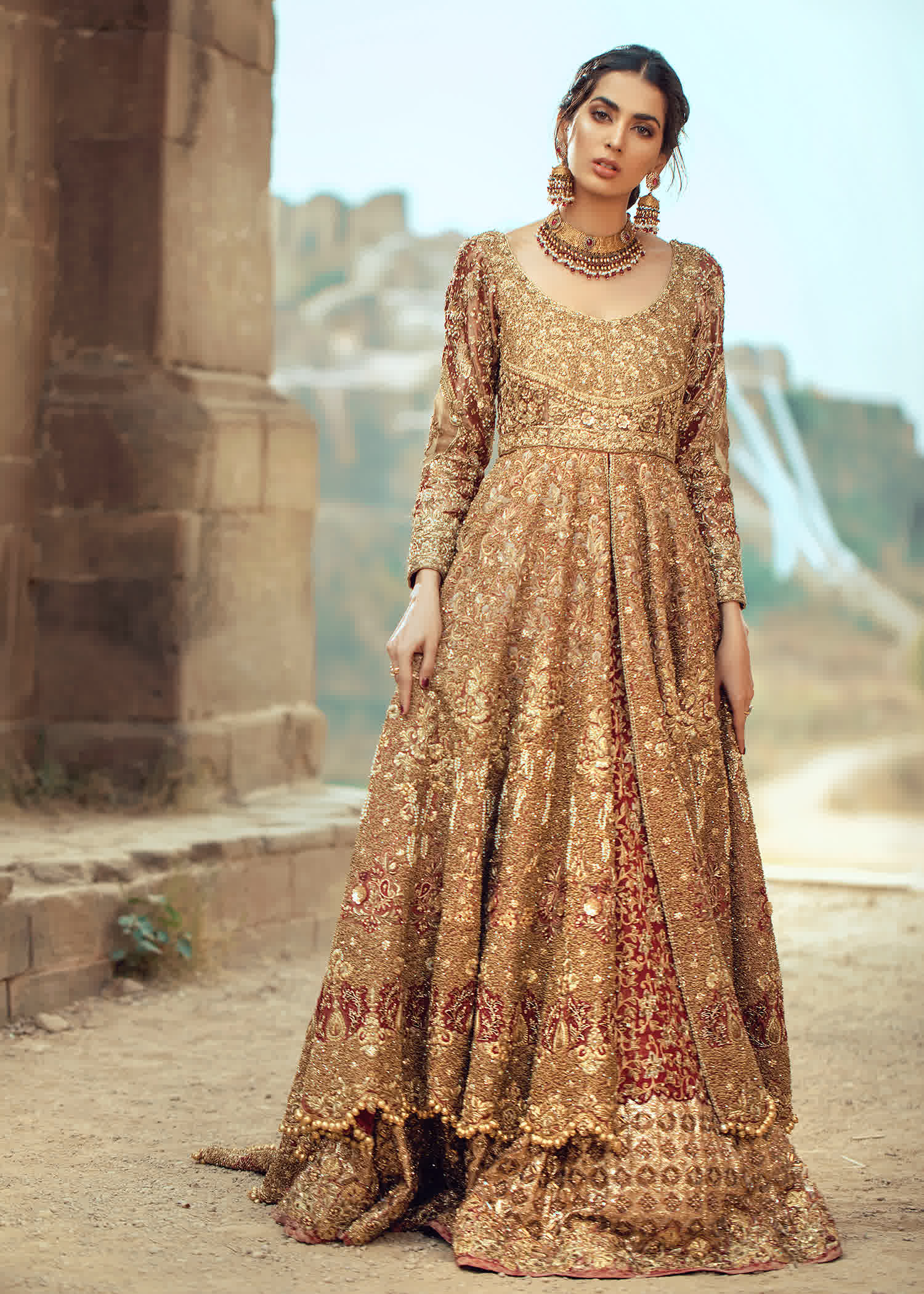 Pakistani Antique Gold Embellished Bridal Gown (1-Pc) - Image 5