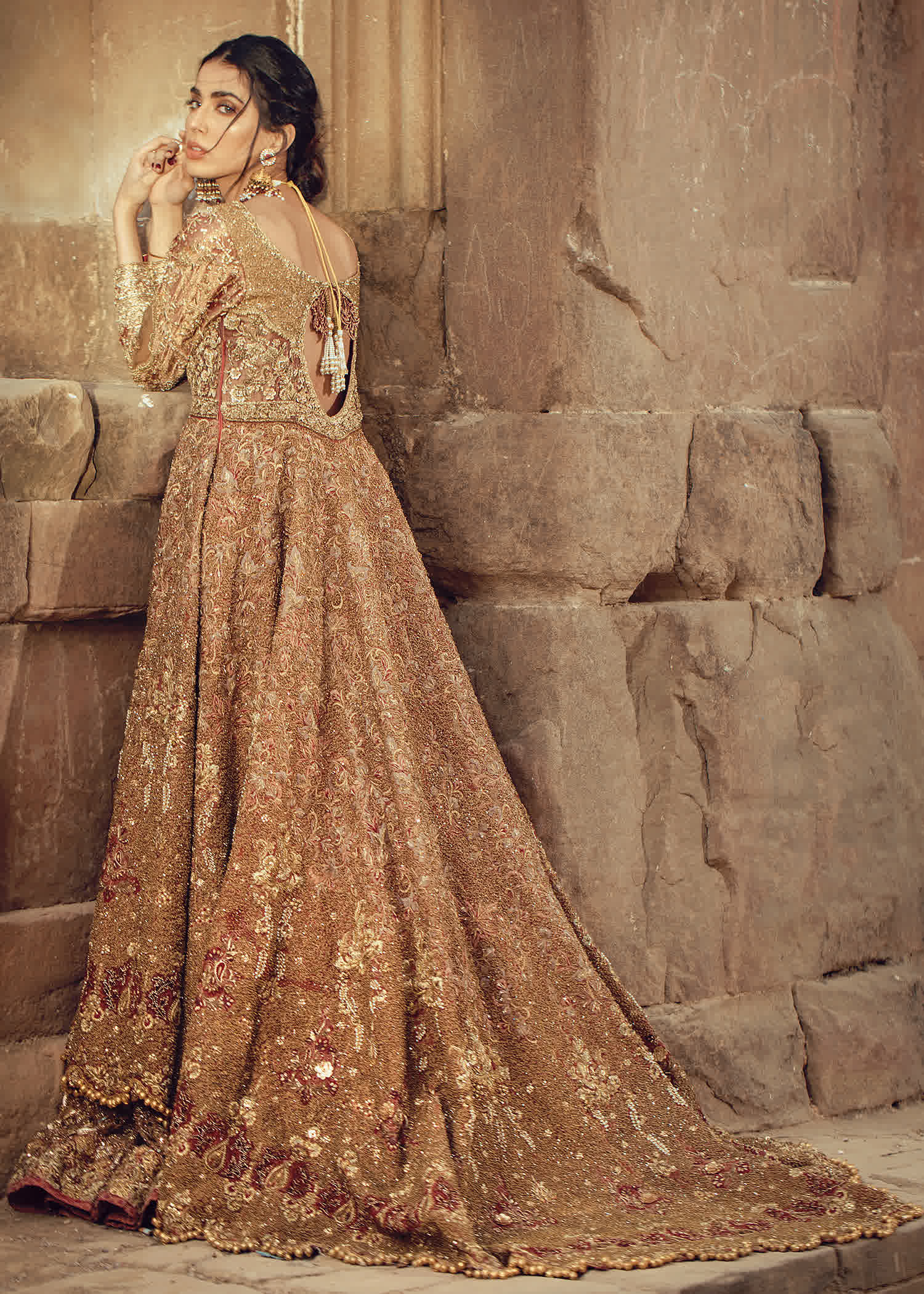 Pakistani Antique Gold Embellished Bridal Gown (1-Pc) - Image 6
