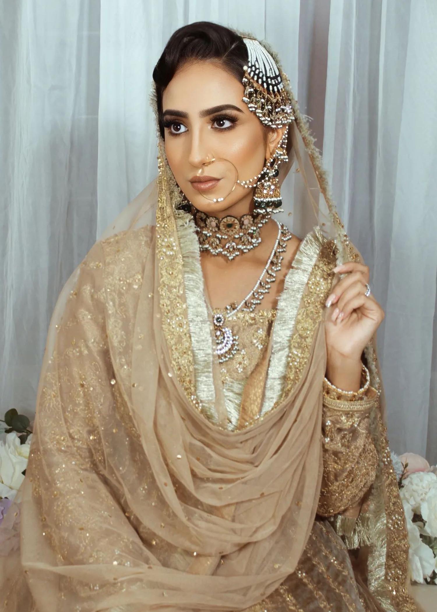 Pakistani Champagne Gold Embellished Metallic Brocade Bridal Gown (2-Piece) - Image 1