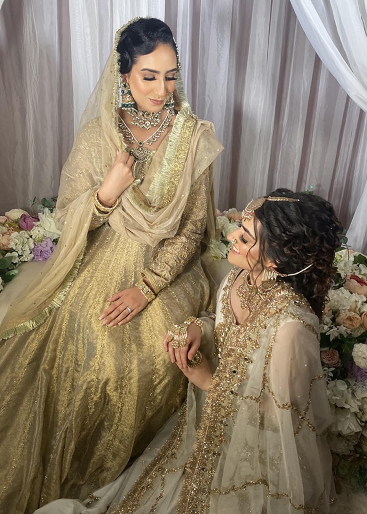 Pakistani Champagne Gold Embellished Metallic Brocade Bridal Gown (2-Piece) - Image 2