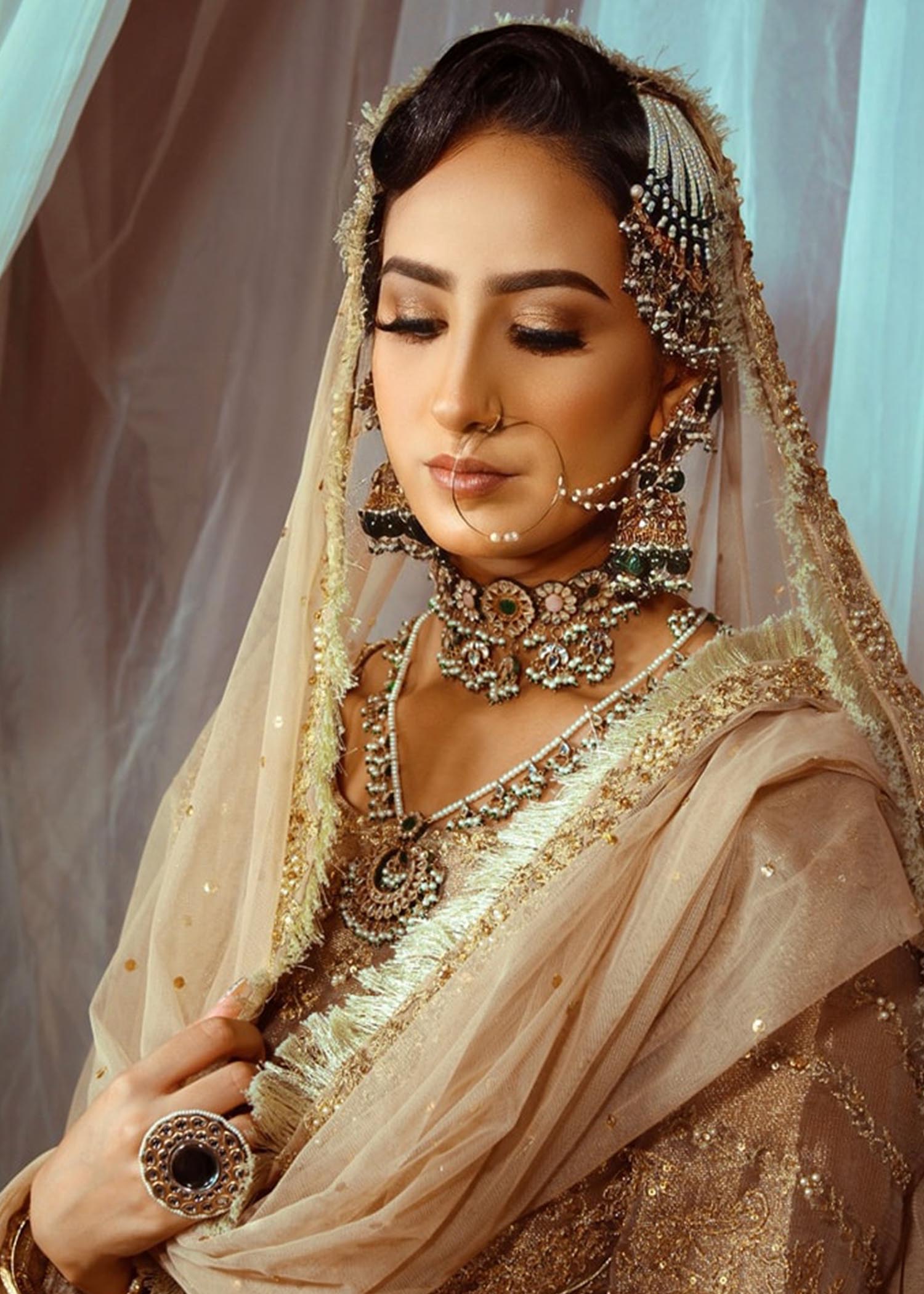 Pakistani Champagne Gold Embellished Metallic Brocade Bridal Gown (2-Piece) - Image 3