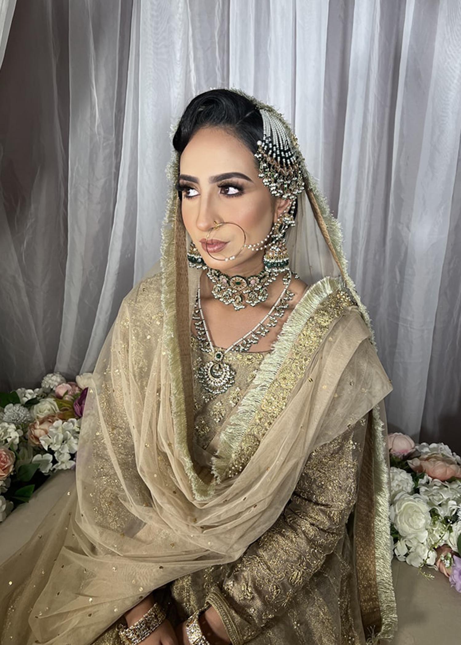 Pakistani Champagne Gold Embellished Metallic Brocade Bridal Gown (2-Piece) - Image 4