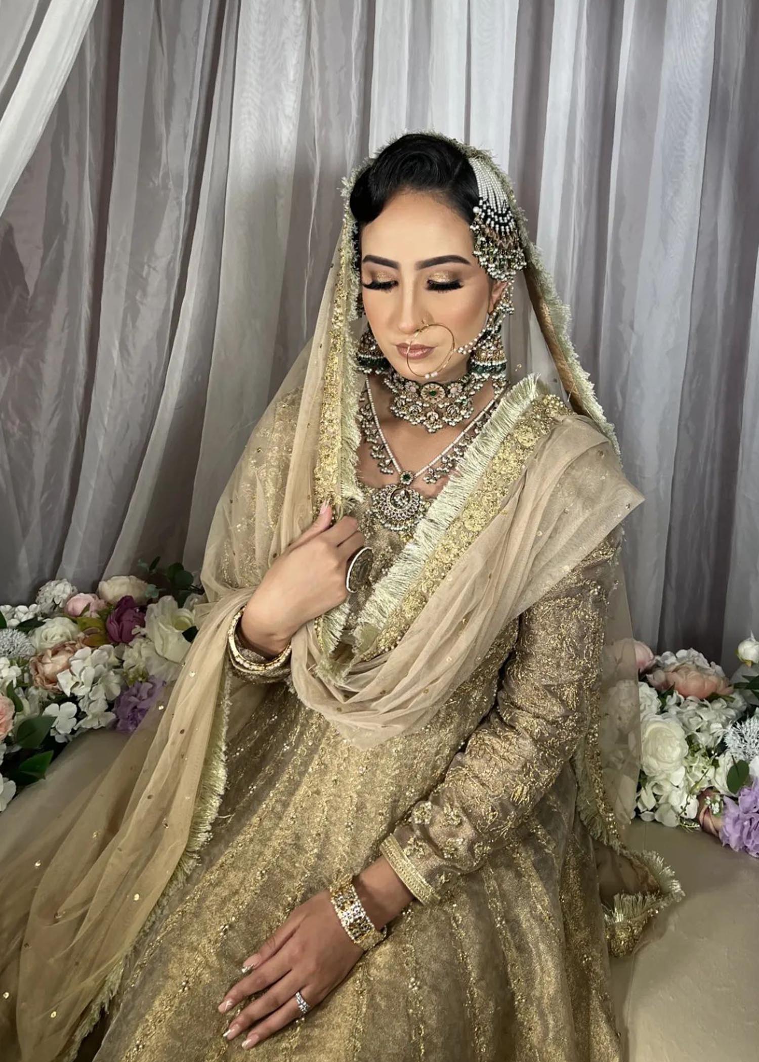 Pakistani Champagne Gold Embellished Metallic Brocade Bridal Gown (2-Piece) - Image 5