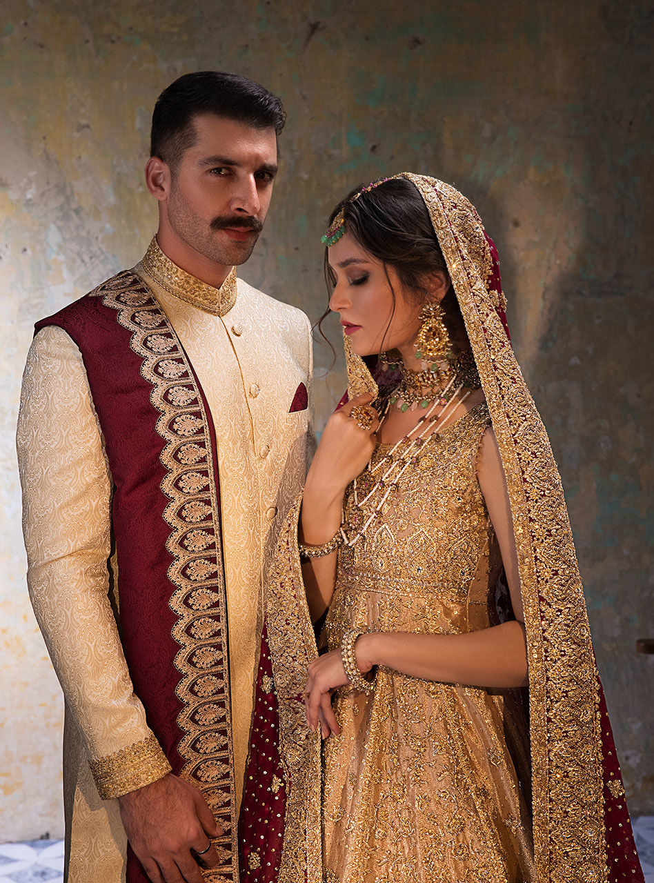 Gold Brocade Bridal Gown with Deep Red Dupatta (2-Piece) - Image 12