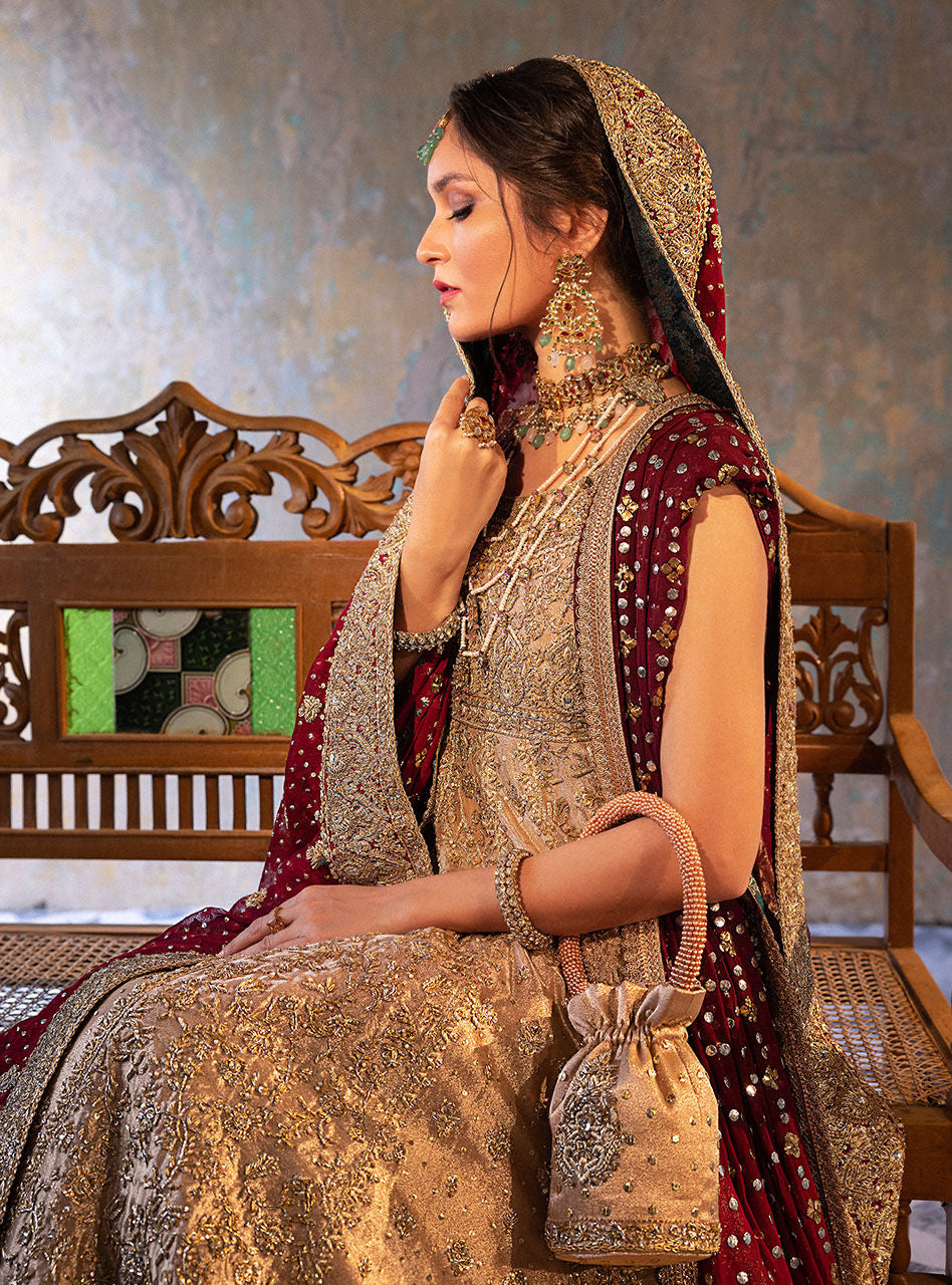 Gold Brocade Bridal Gown with Deep Red Dupatta (2-Piece) - Image 3