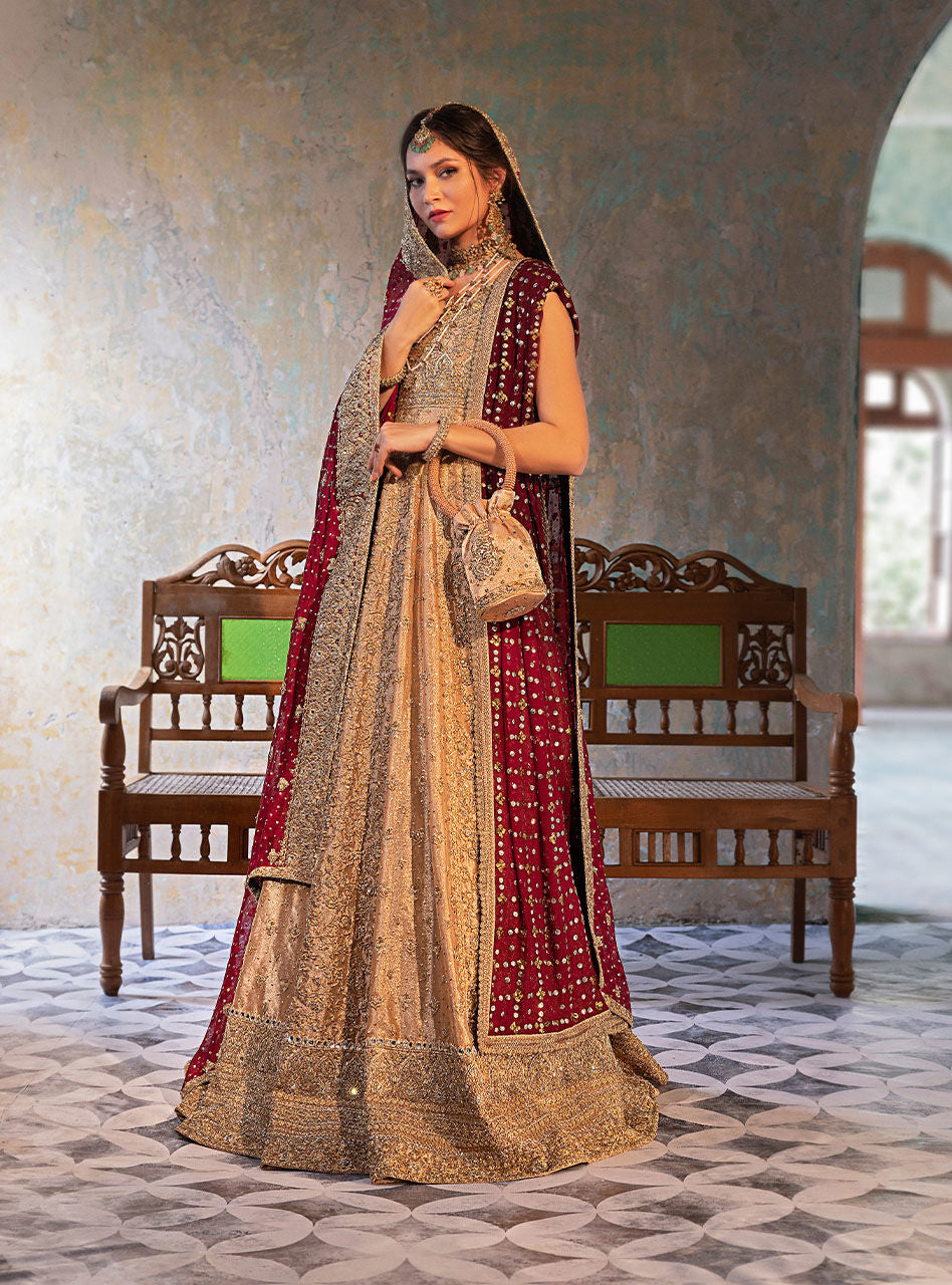 Gold Brocade Bridal Gown with Deep Red Dupatta (2-Piece) - Image 4