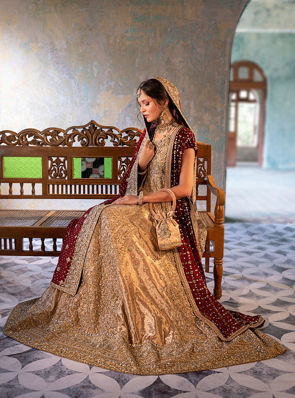 Gold Brocade Bridal Gown with Deep Red Dupatta (2-Piece) - Image 5