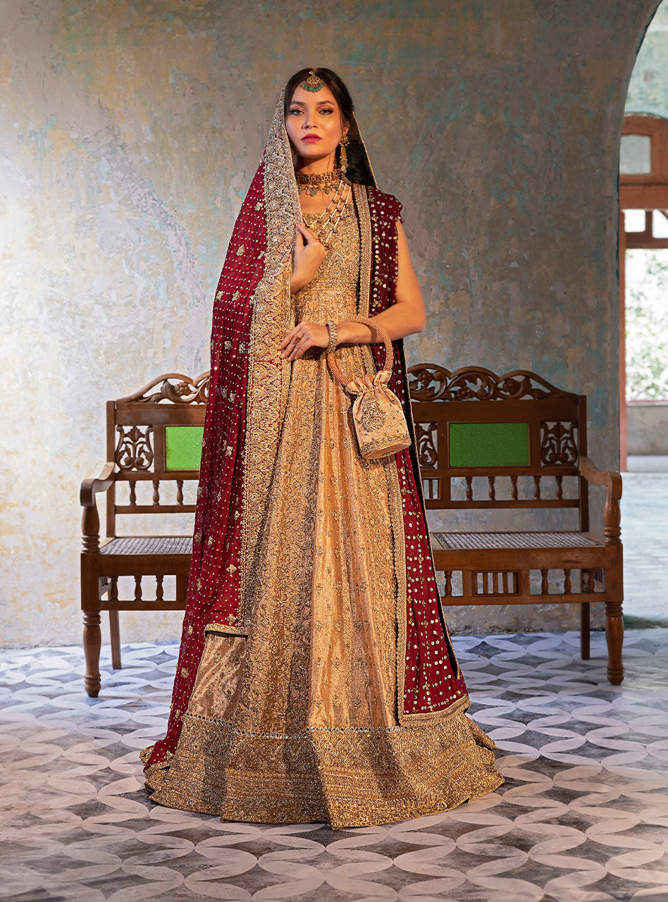 Gold Brocade Bridal Gown with Red Dupatta (2-Piece) - Image 1