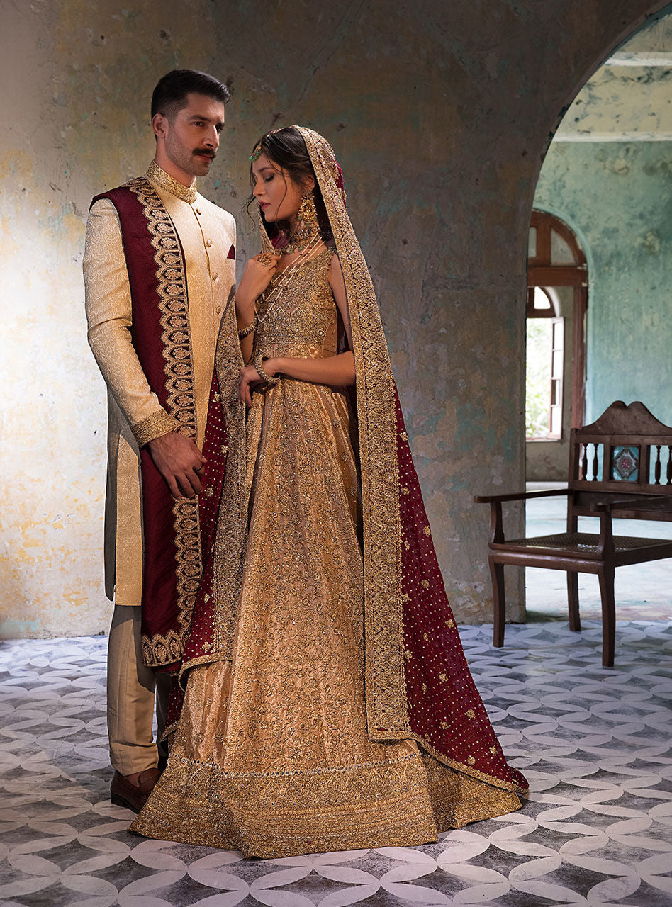 Gold Brocade Bridal Gown with Red Dupatta (2-Piece) - Image 11