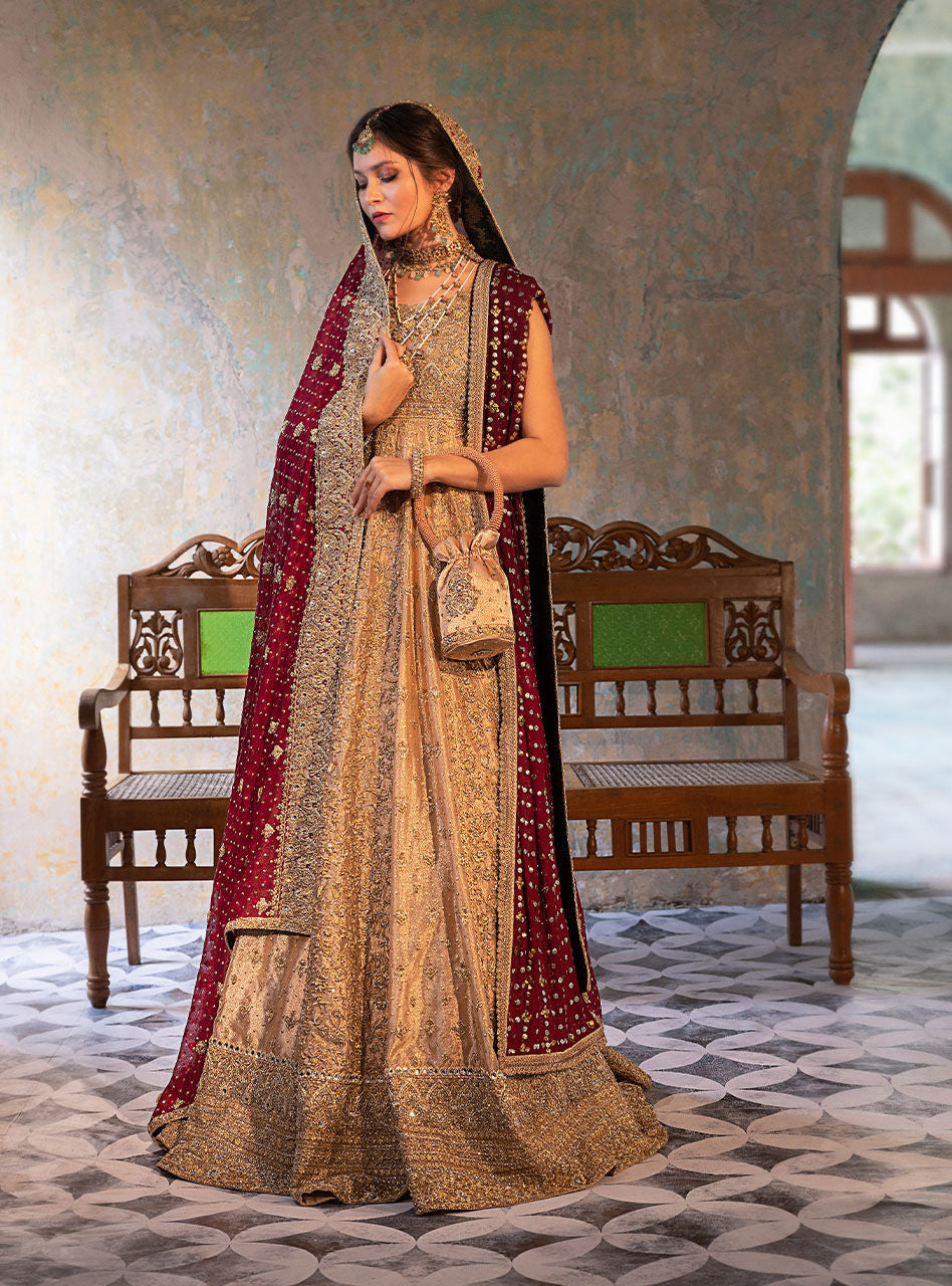 Gold Brocade Bridal Gown with Red Dupatta (2-Piece) - Image 2