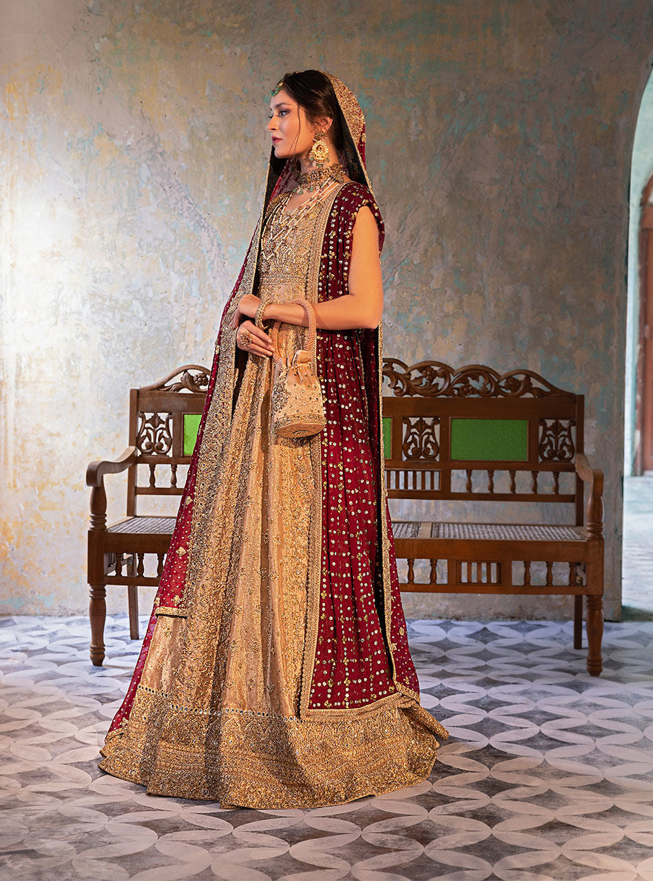 Gold Brocade Bridal Gown with Red Dupatta (2-Piece) - Image 5