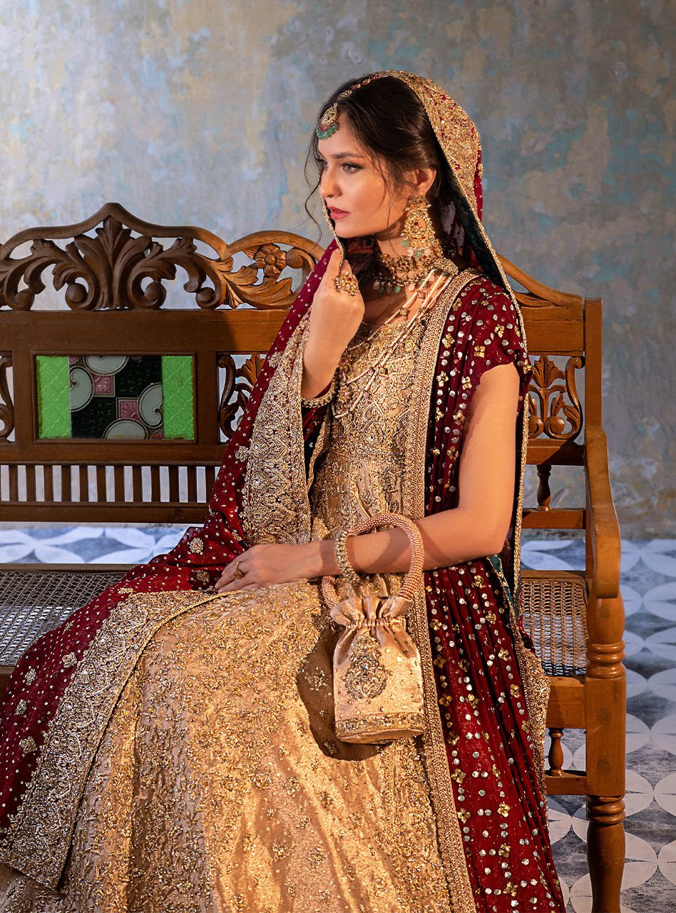 Gold Brocade Bridal Gown with Red Dupatta (2-Piece) - Image 7